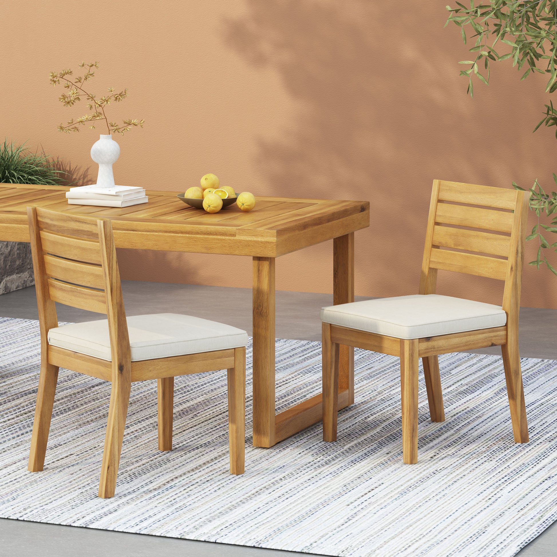 2-Pack Natural Wood Outdoor Armless Dining Chairs with Beige Cushions Patio Seating for Backyard