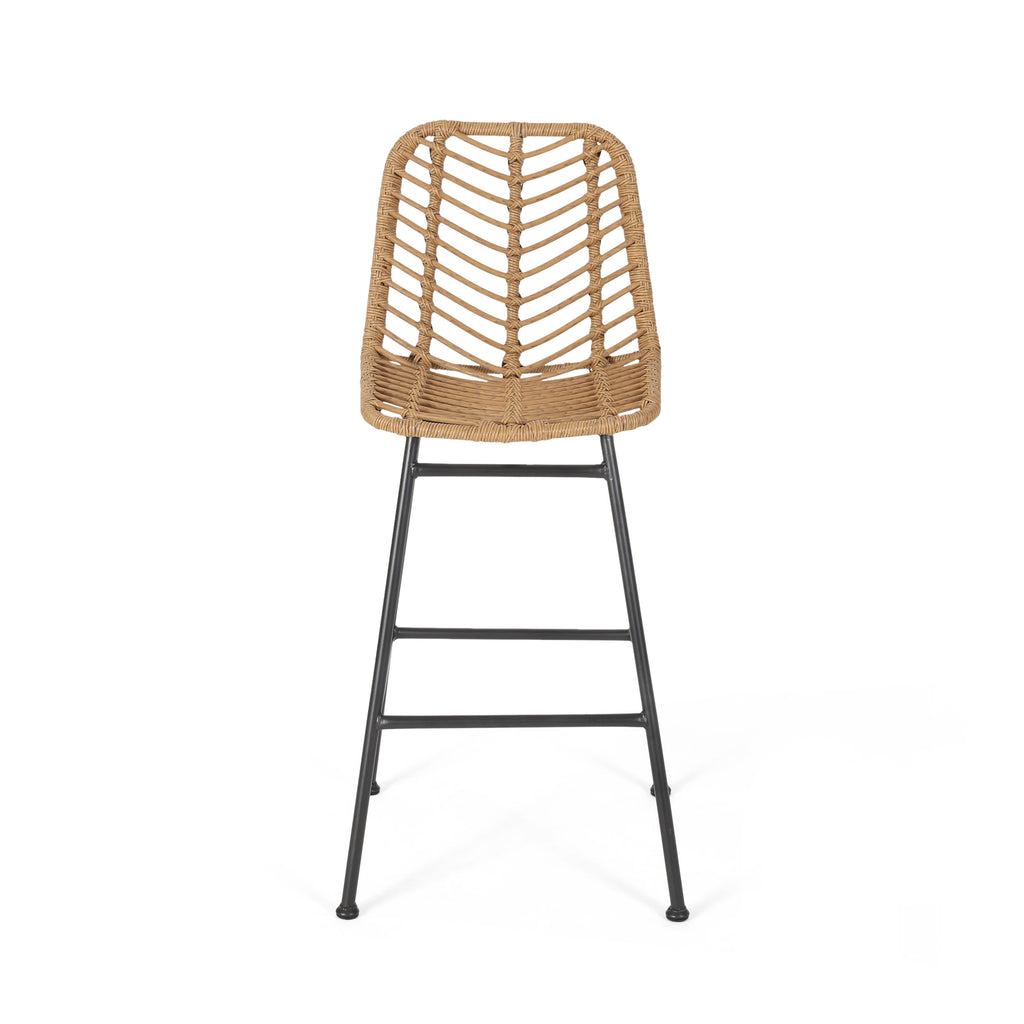 Sawtelle Outdoor Wicker Barstools Set of 2 – Rattan Patio Bar Stools with Black Metal Frame