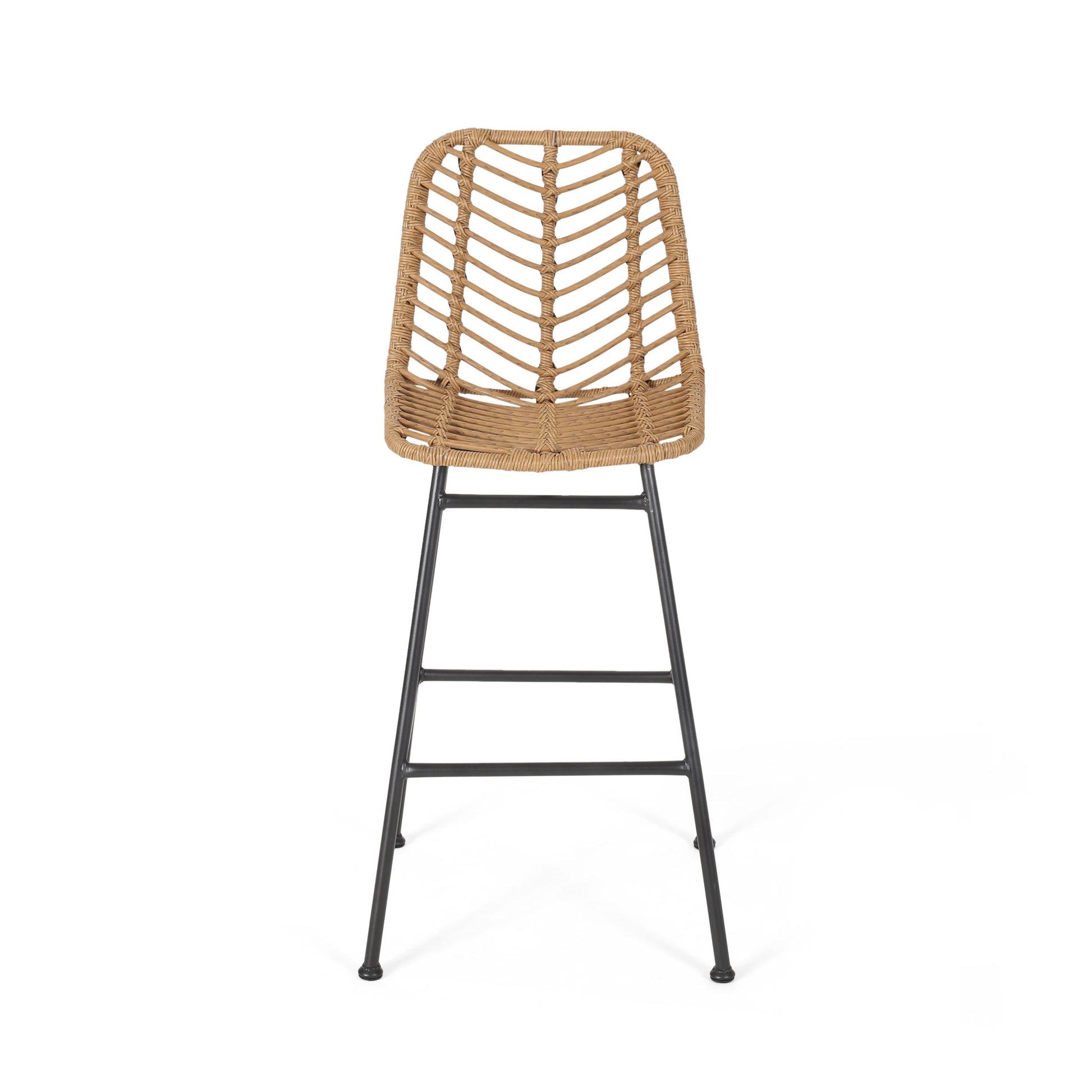 Sawtelle Outdoor Wicker Barstools Set of 2 – Rattan Patio Bar Stools with Black Metal Frame