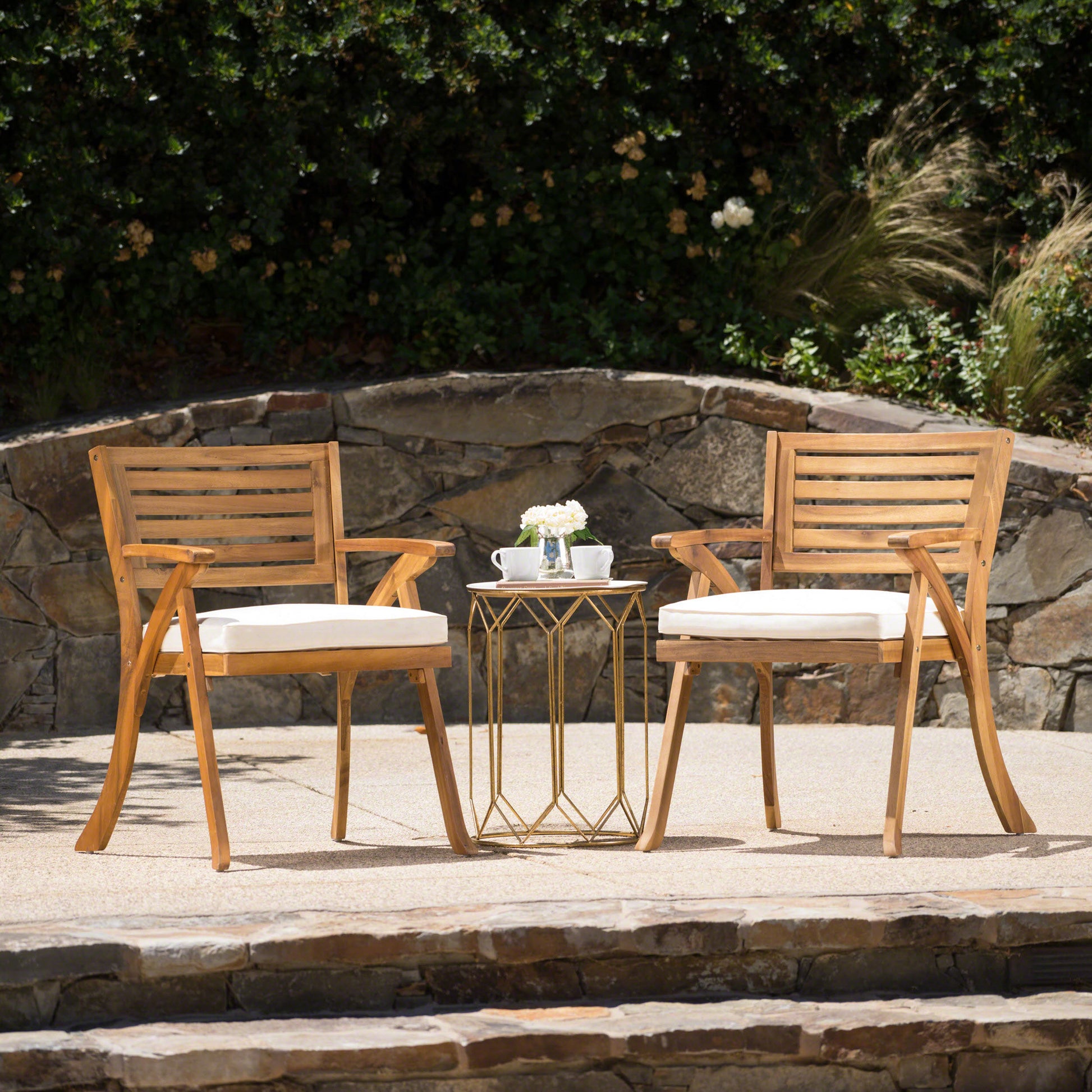 3 Pieces Outdoor Patio Dining Set, Hermosa KD Wood Table & Chairs with Cushions, Teak Finish