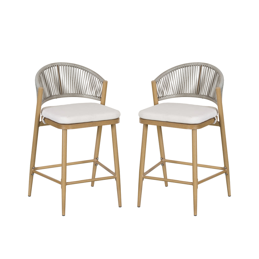 26" Outdoor Counter Stools Set of 2, Aluminum PE Rattan Backrest, Maple Finish Patio Bar Stools