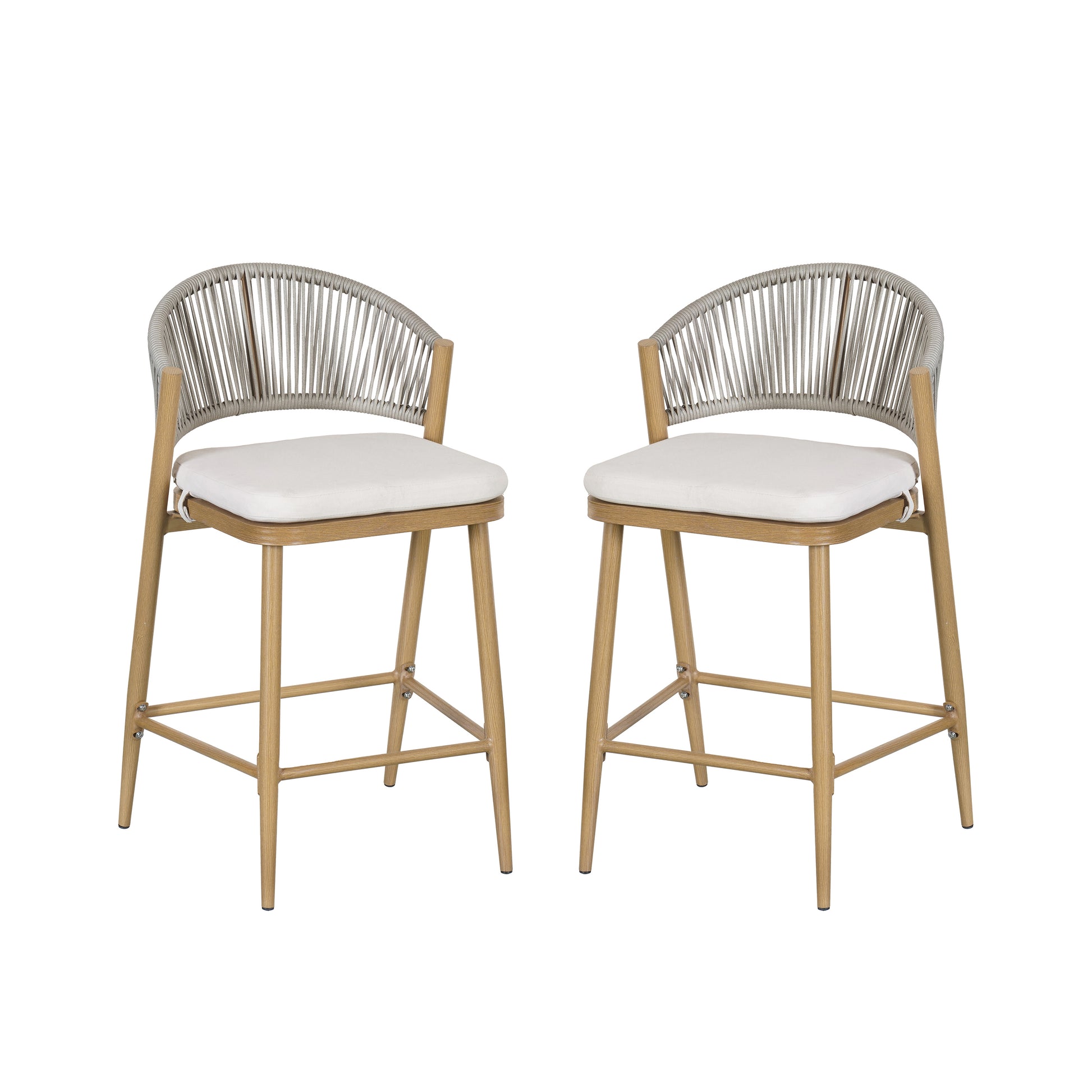 26" Outdoor Counter Stools Set of 2, Aluminum PE Rattan Backrest, Maple Finish Patio Bar Stools
