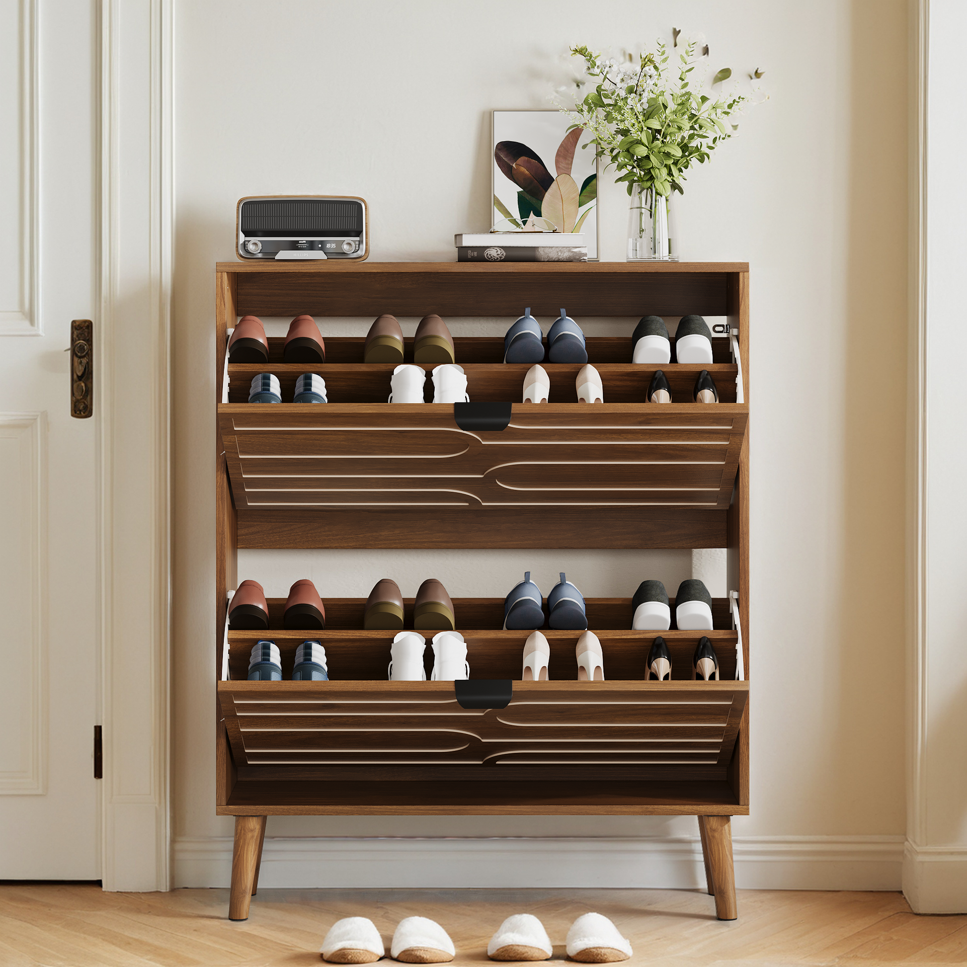 Medieval Modern Independent Shoe Cabinet, 31.5-inch Walnut Shoe Storage Cabinet,, Fence Shoe Cabinet with 2 Flip Drawers, Suitable For Corridors And Entrances
