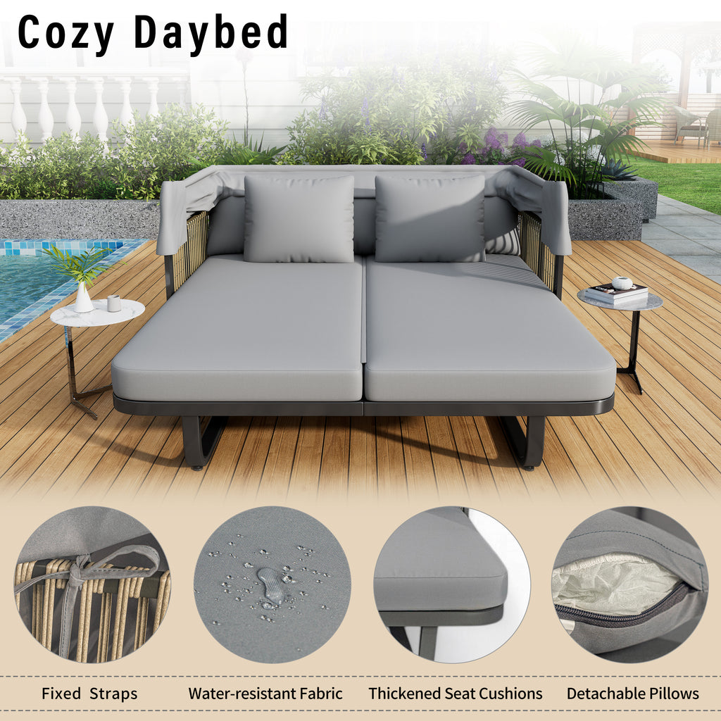 57" Outdoor Patio Daybed Rattan Daybed Outdoor Sunbed with Detachable Pillows for Patio, Backyard, Pool, Grey