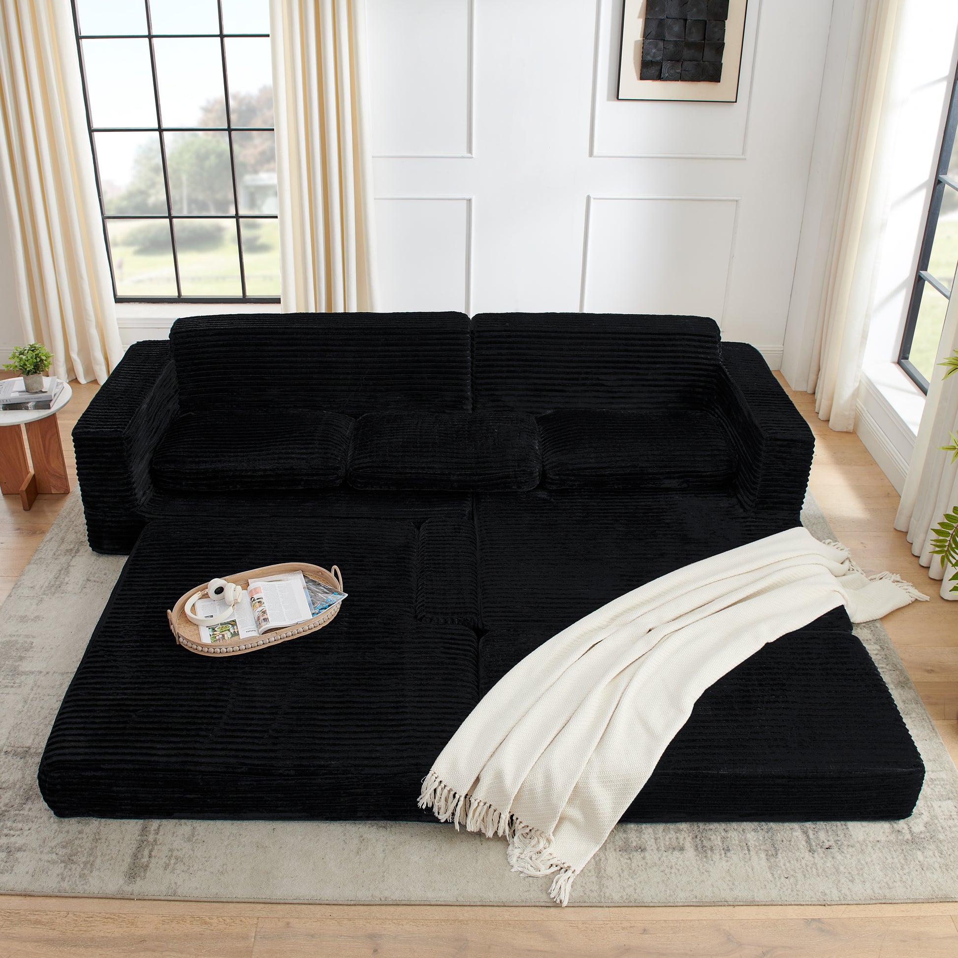 Black Corduroy L-Shape Modular Sectional Sofa, Convertible Sleeper Couch for Living Room