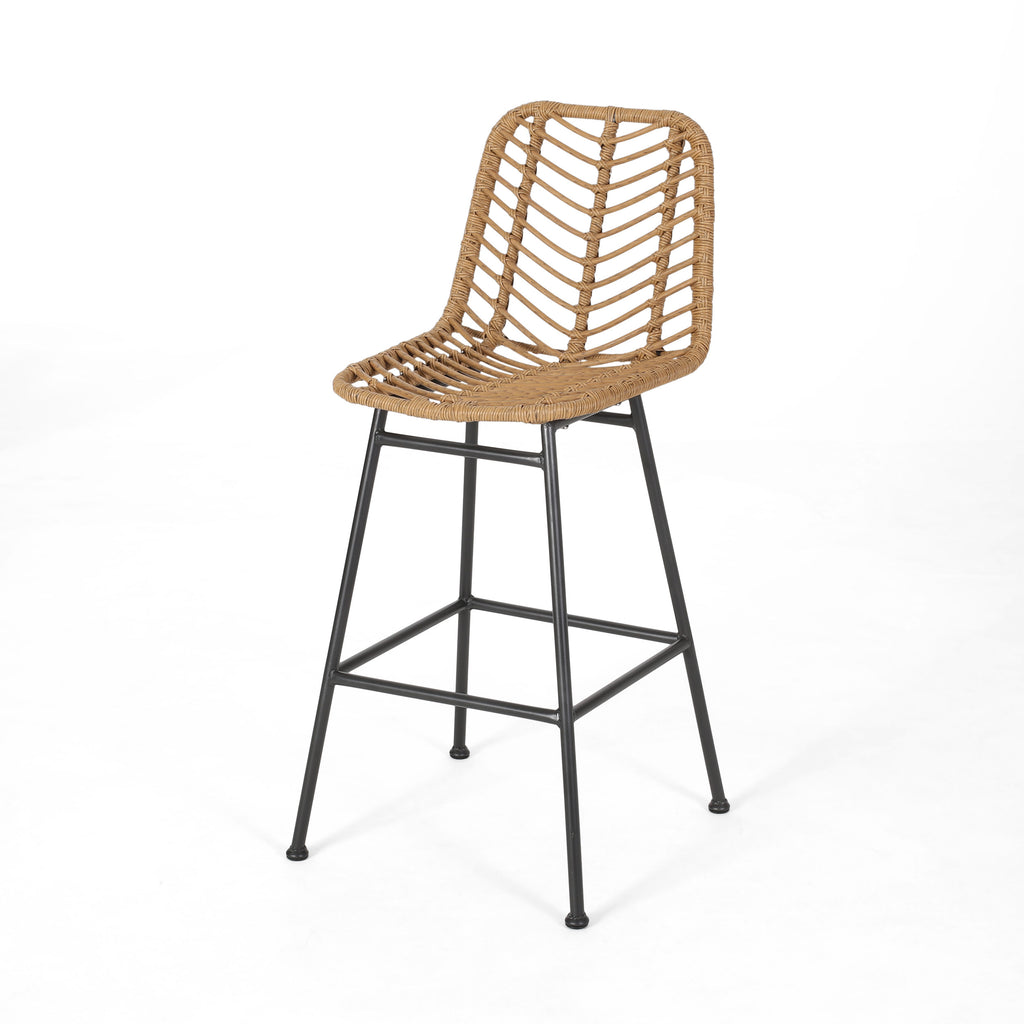 Sawtelle Outdoor Wicker Barstools Set of 2 – Rattan Patio Bar Stools with Black Metal Frame
