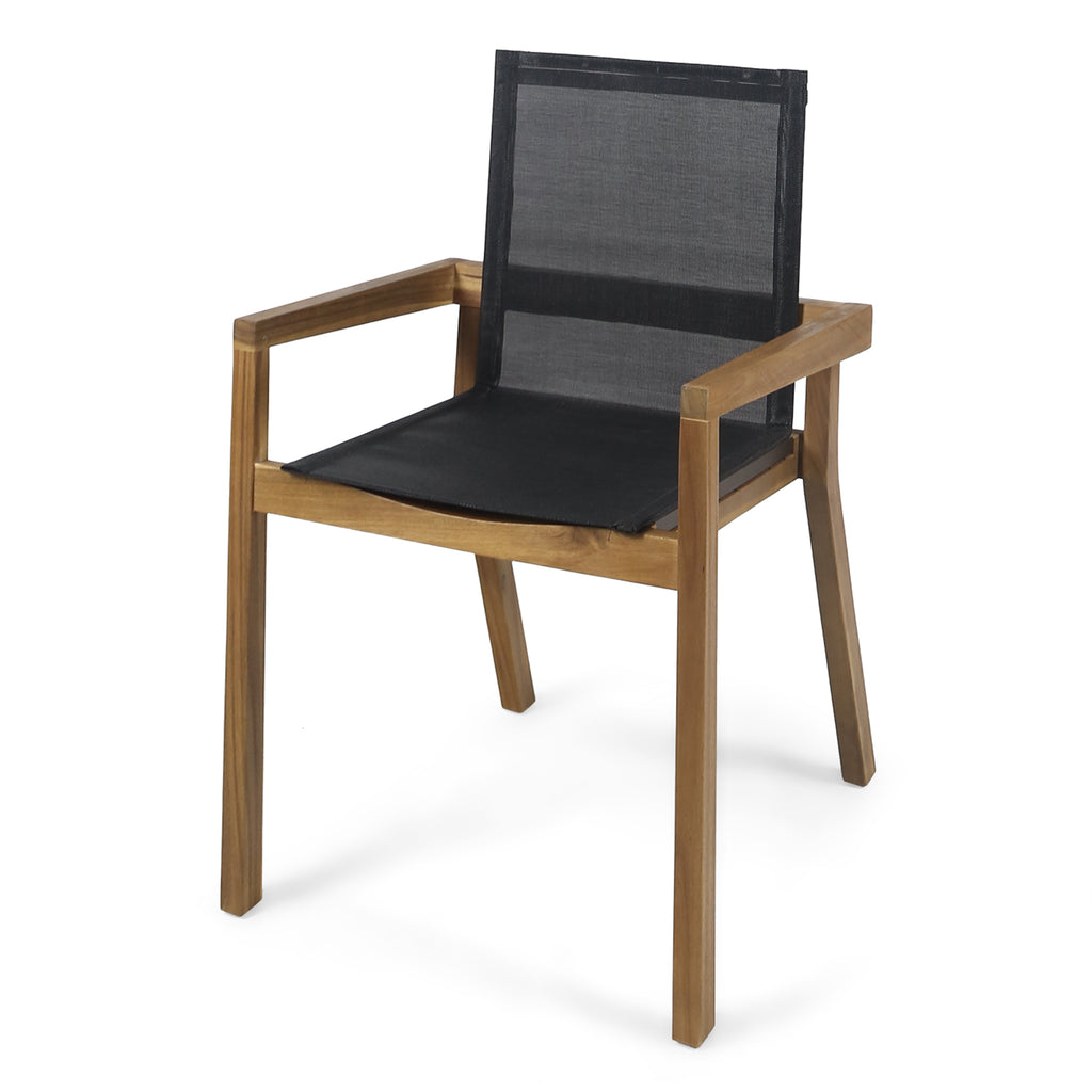 Acacia Wood Outdoor Dining Chairs with Breathable Mesh Seat & Teak Finish (Set of 2)