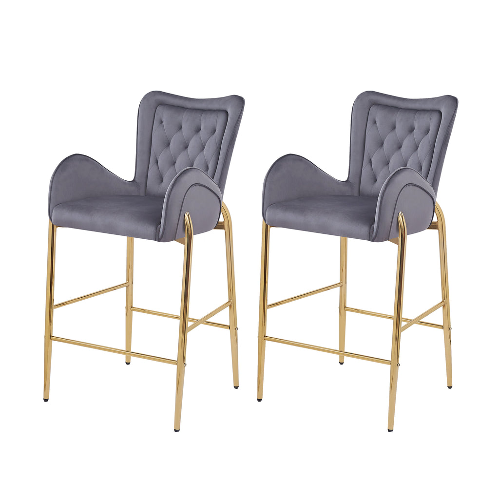 Counter Height Bar Stools Set of 2 Velvet Upholstered Stools with Golden Legs
