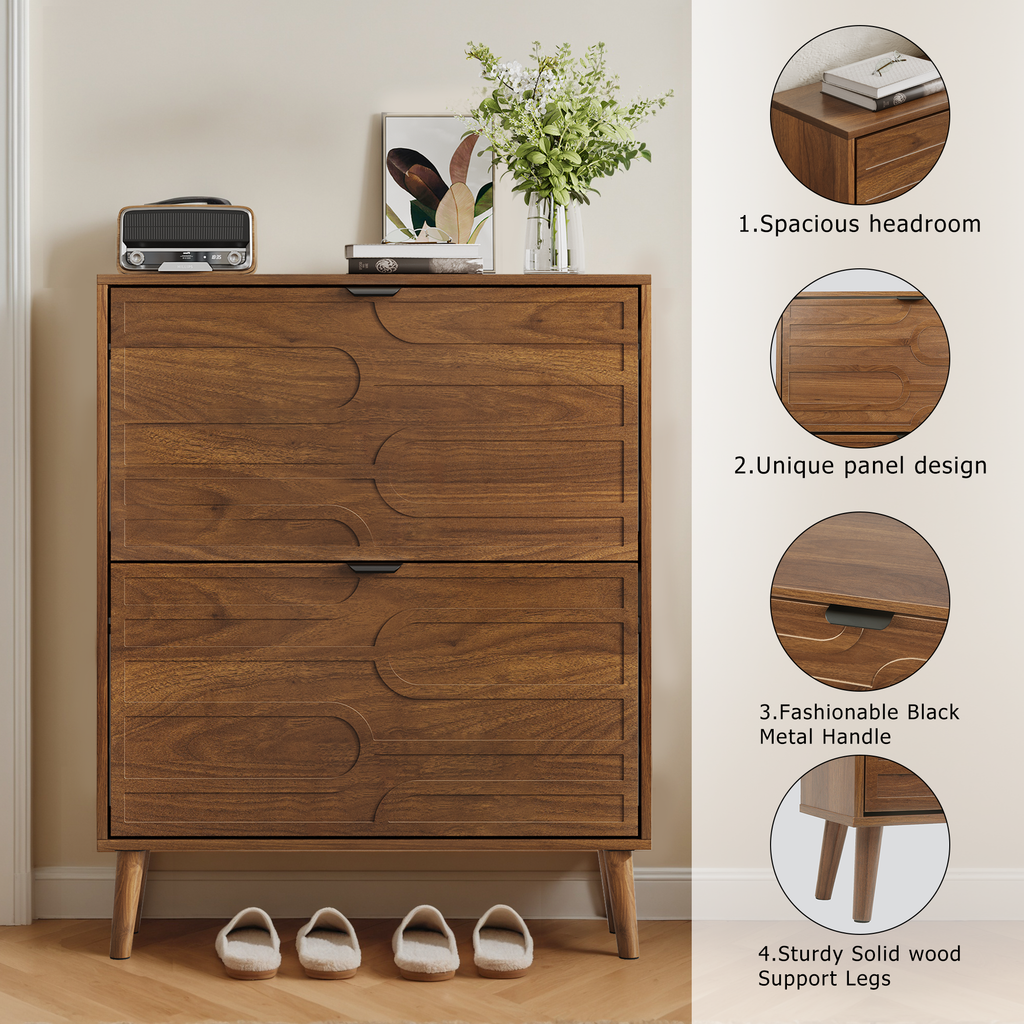 Medieval Modern Independent Shoe Cabinet, 31.5-inch Walnut Shoe Storage Cabinet,, Fence Shoe Cabinet with 2 Flip Drawers, Suitable For Corridors And Entrances