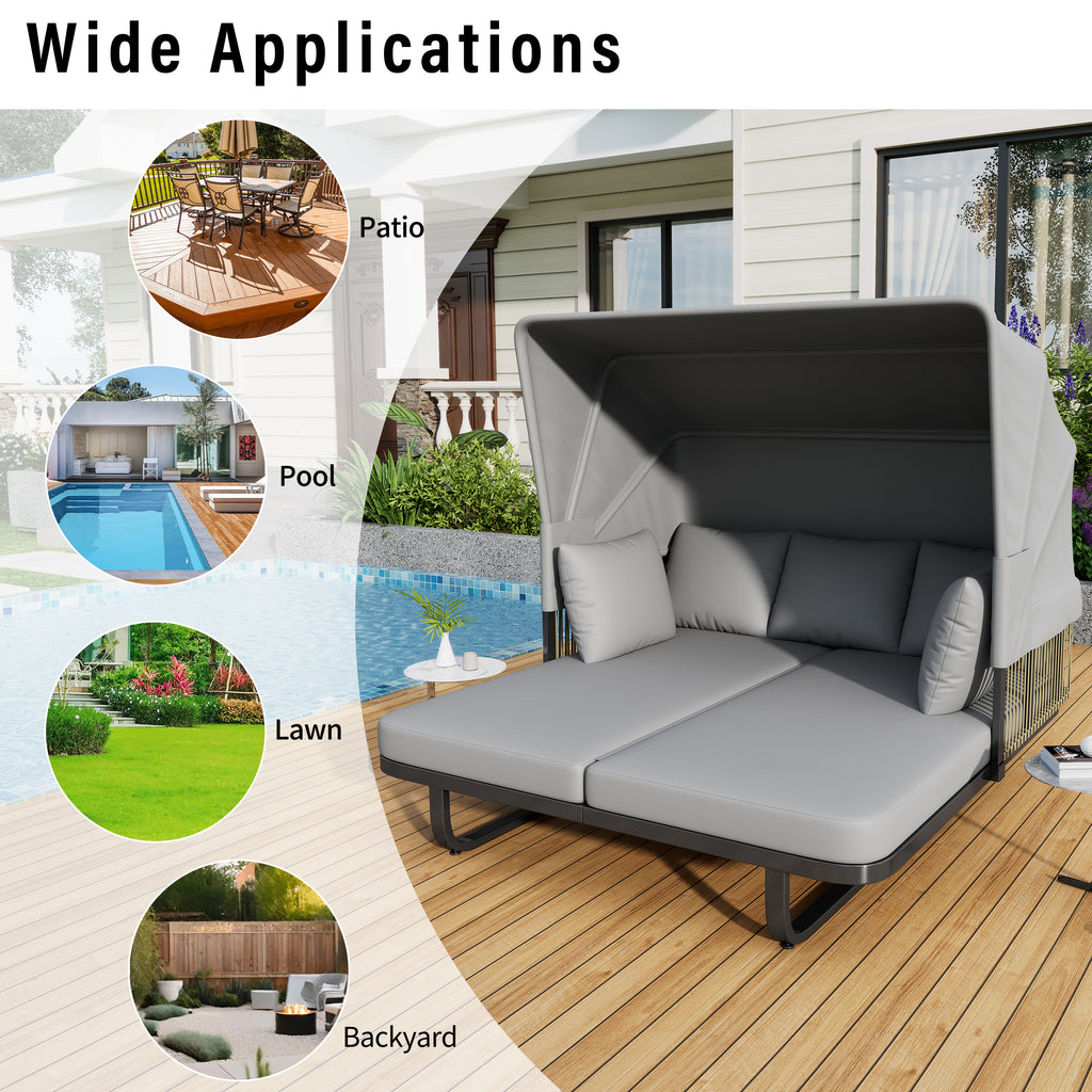 57" Outdoor Patio Daybed Rattan Daybed Outdoor Sunbed with Detachable Pillows for Patio, Backyard, Pool, Grey