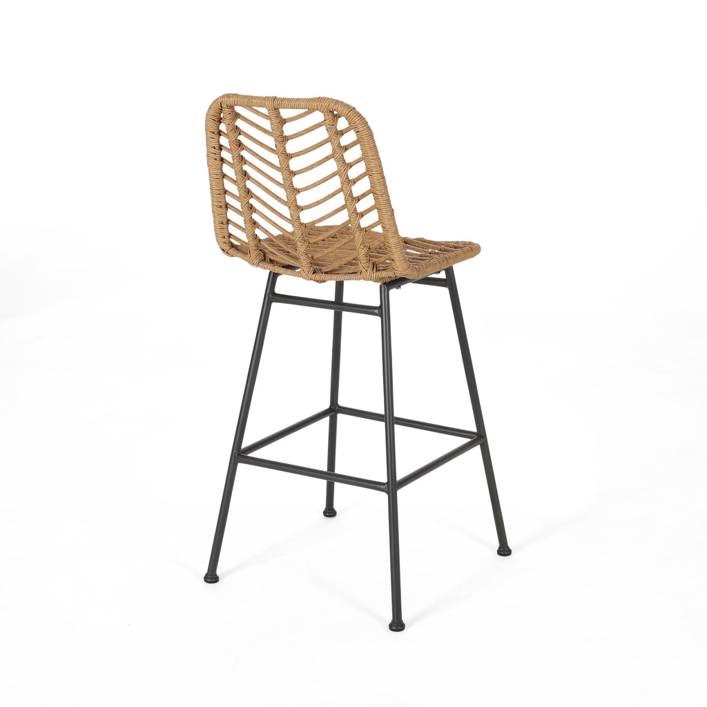 Sawtelle Outdoor Wicker Barstools Set of 2 – Rattan Patio Bar Stools with Black Metal Frame