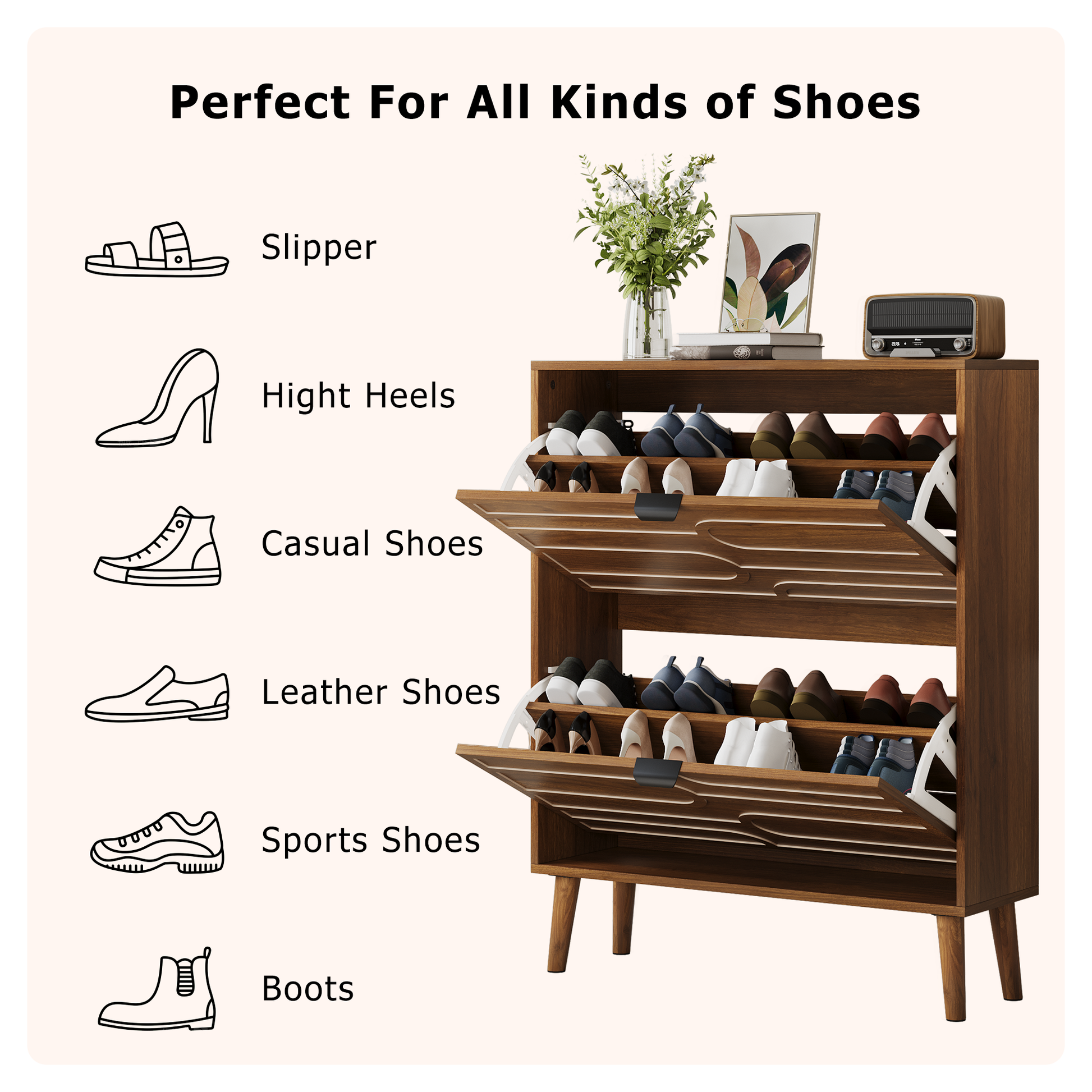 Medieval Modern Independent Shoe Cabinet, 31.5-inch Walnut Shoe Storage Cabinet,, Fence Shoe Cabinet with 2 Flip Drawers, Suitable For Corridors And Entrances