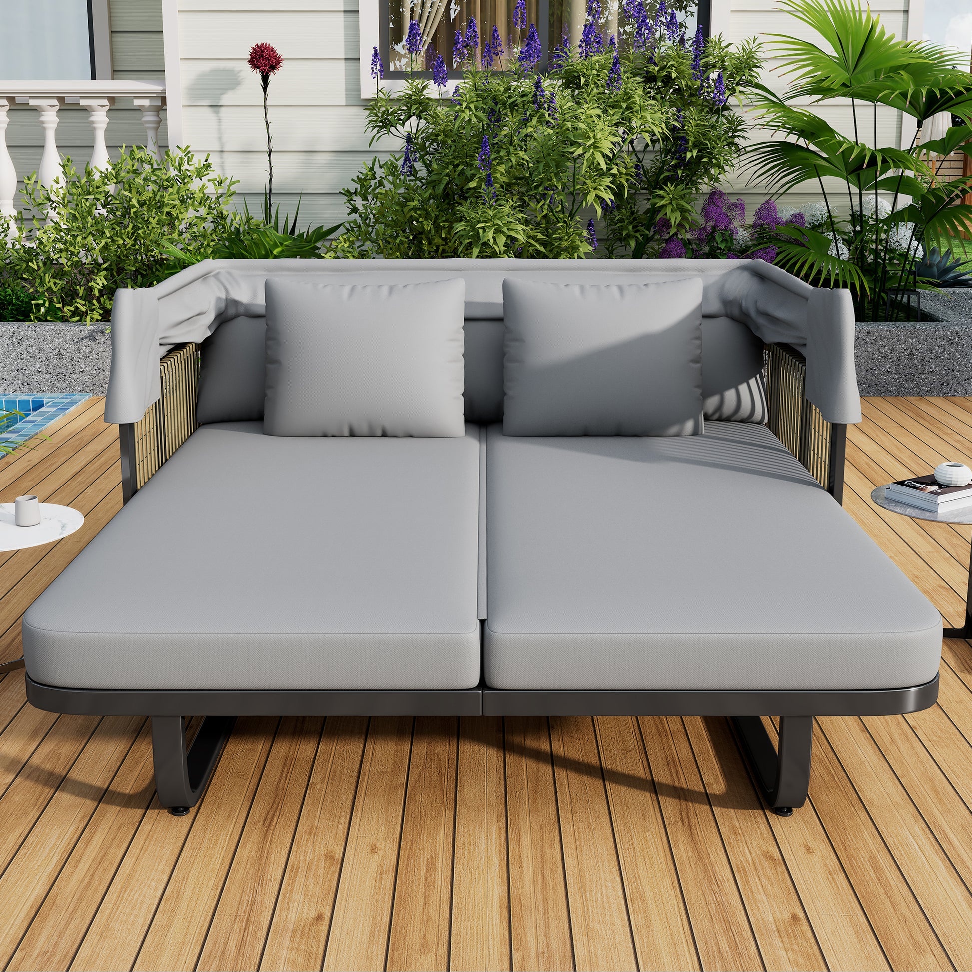 57" Outdoor Patio Daybed Rattan Daybed Outdoor Sunbed with Detachable Pillows for Patio, Backyard, Pool, Grey