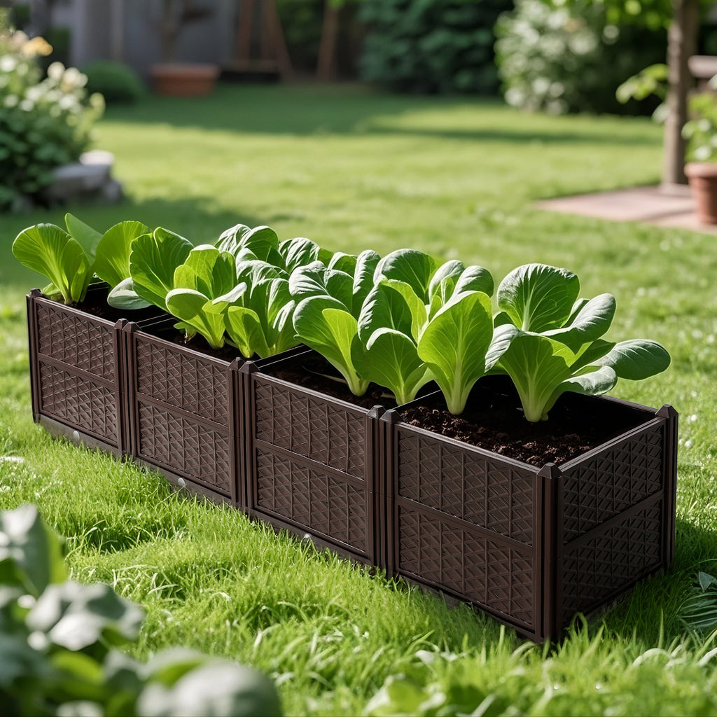 Indoor and outdoor rectangular plastic planting box; planting kit for fresh vegetables, herbs, flowers, and succulents; brown