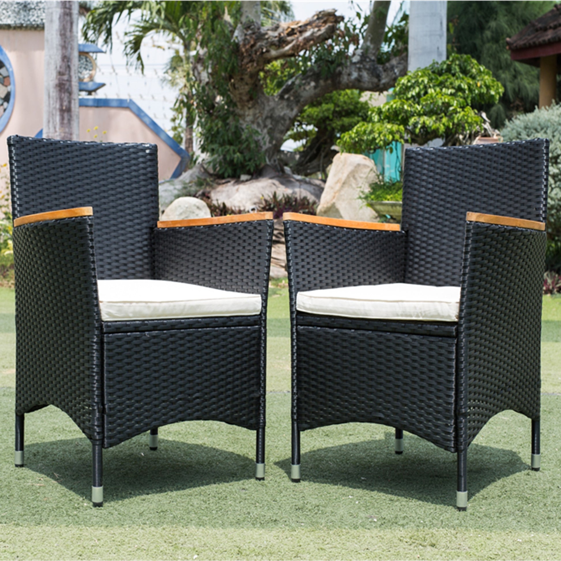 7 piece Outdoor Patio Wicker Dining Set Patio Wicker Furniture Dining Set w/Acacia Wood Top