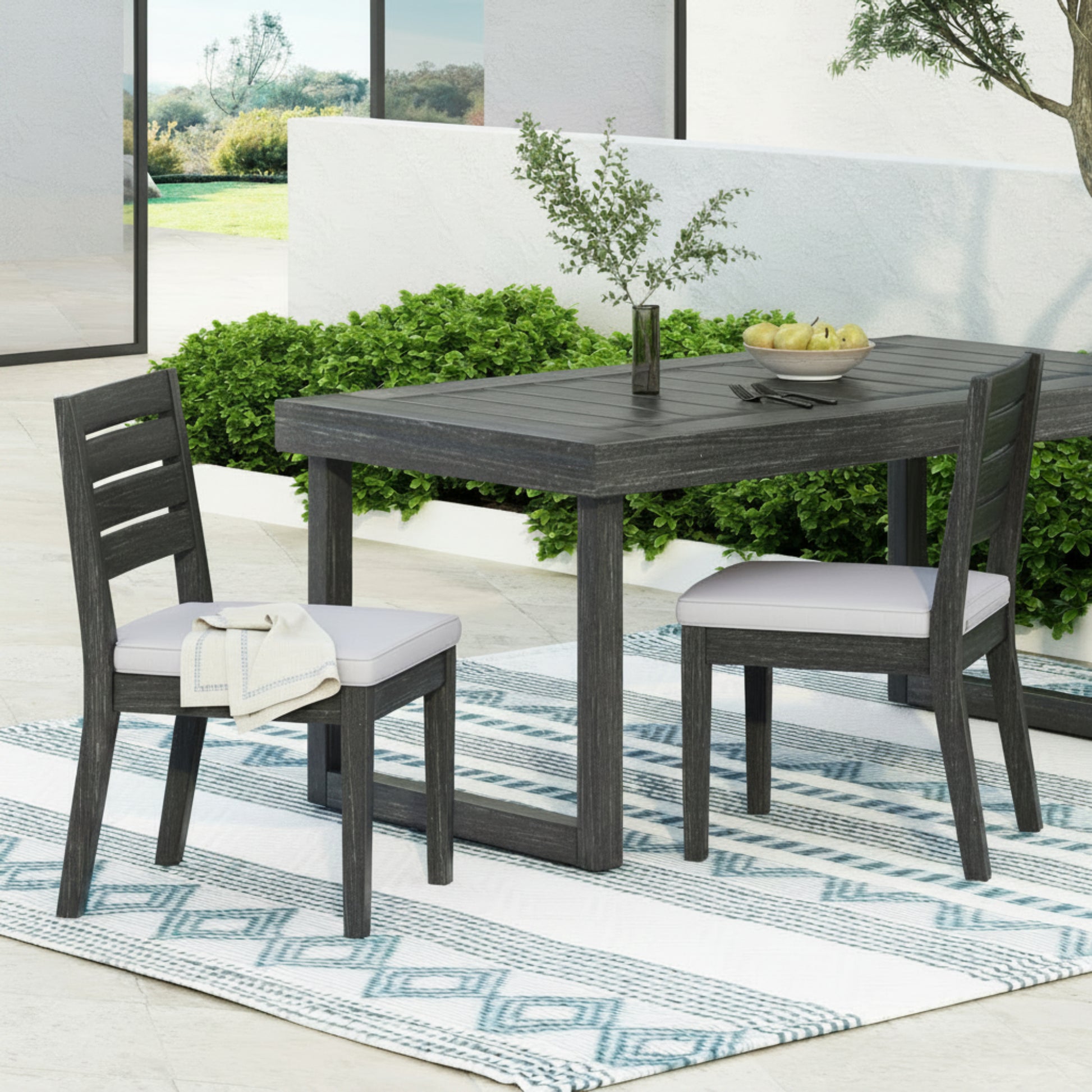 2-Pack Natural Wood Outdoor Armless Dining Chairs with Beige Cushions Patio Seating for Backyard