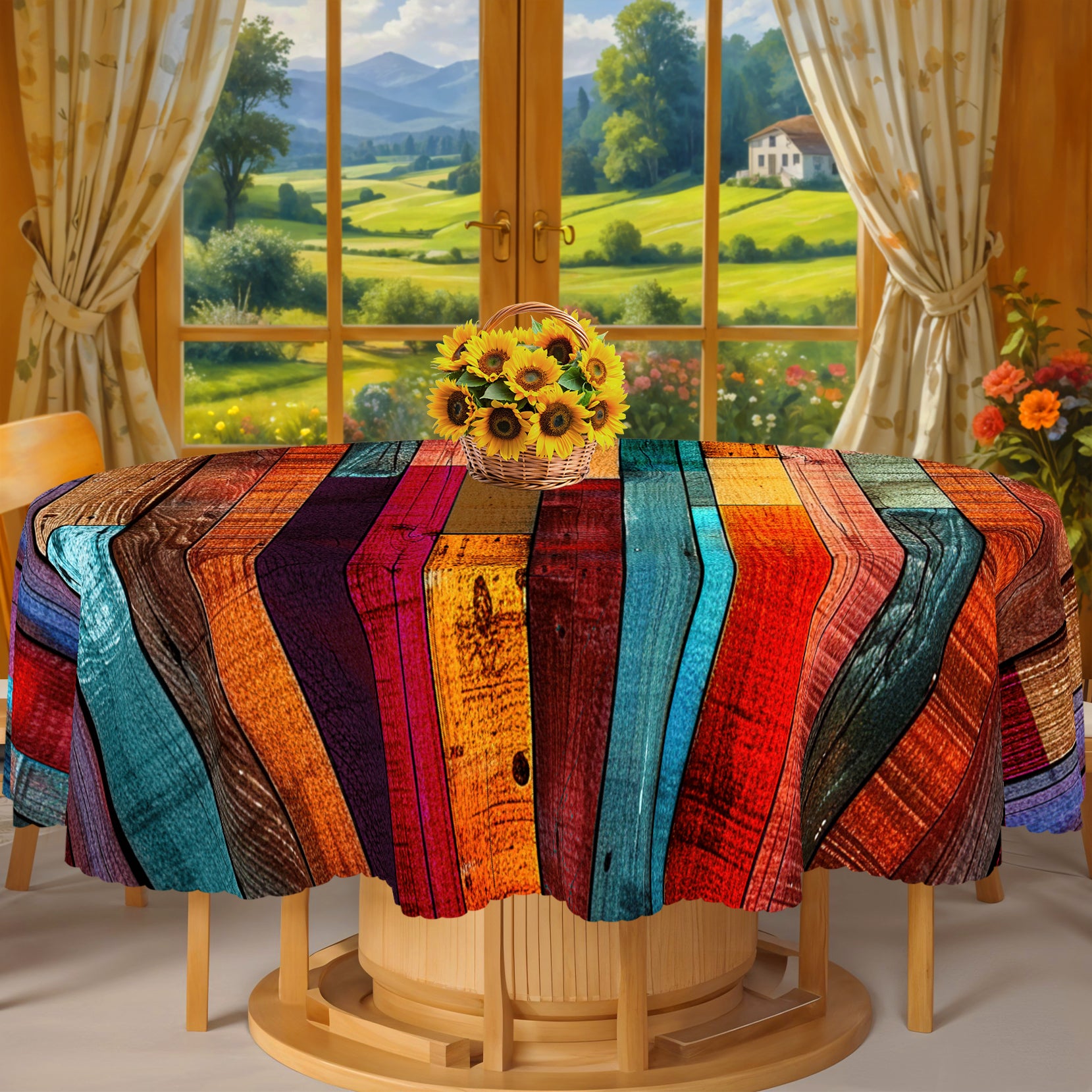 Colorful Wooden Plank Tablecloth, 60 inch round Dustproof Easy-Care Dining Table Cover for Indoor Outdoor Use and Festive Home Decor