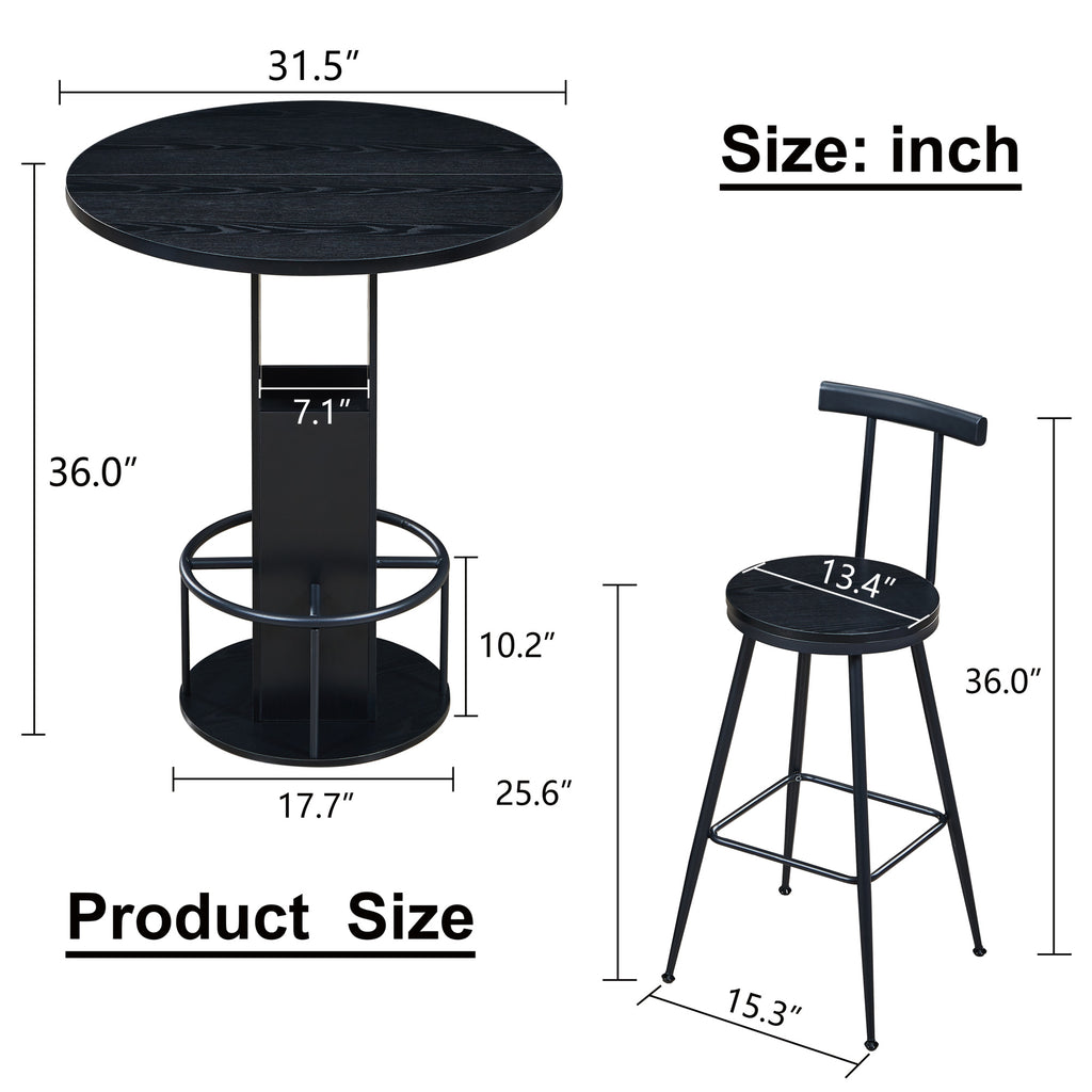 3-Piece Bar Table and Stool Set, Compact Round Wooden Bar Set with Metal Footrest