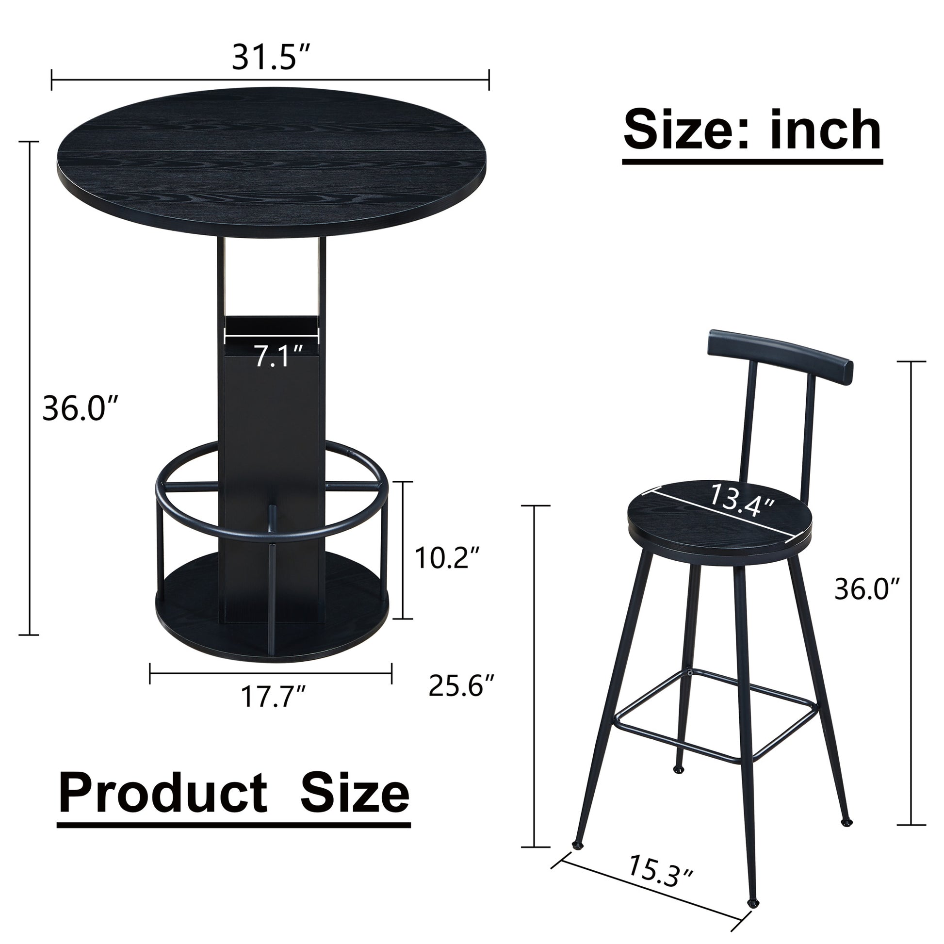 3-Piece Bar Table and Stool Set, Compact Round Wooden Bar Set with Metal Footrest