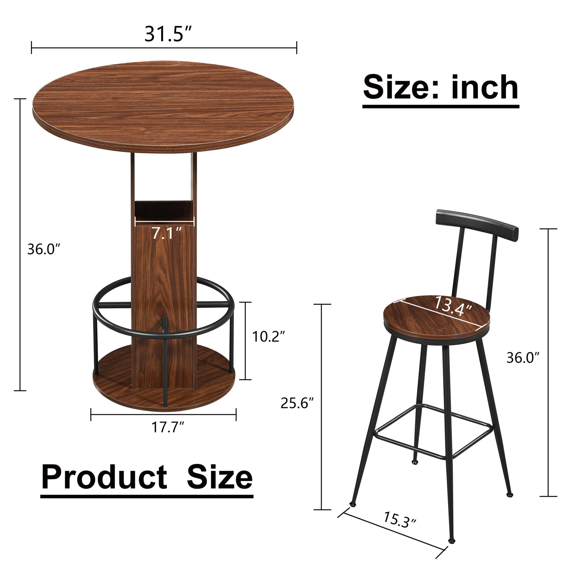 3-Piece Bar Table and Stool Set, Compact Round Wooden Bar Set with Metal Footrest