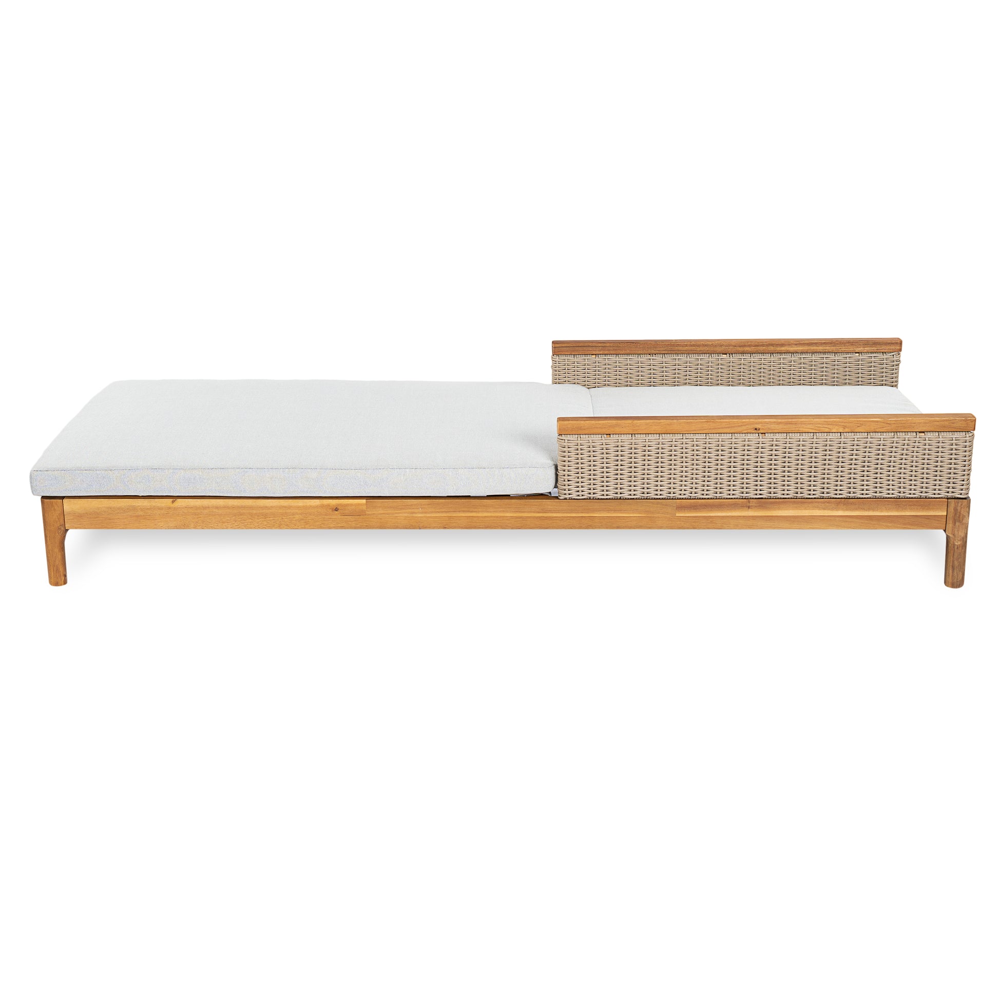 Acacia Wood Outdoor Sun Lounger with Cushions & Wicker Accents - Adjustable Patio Recliner