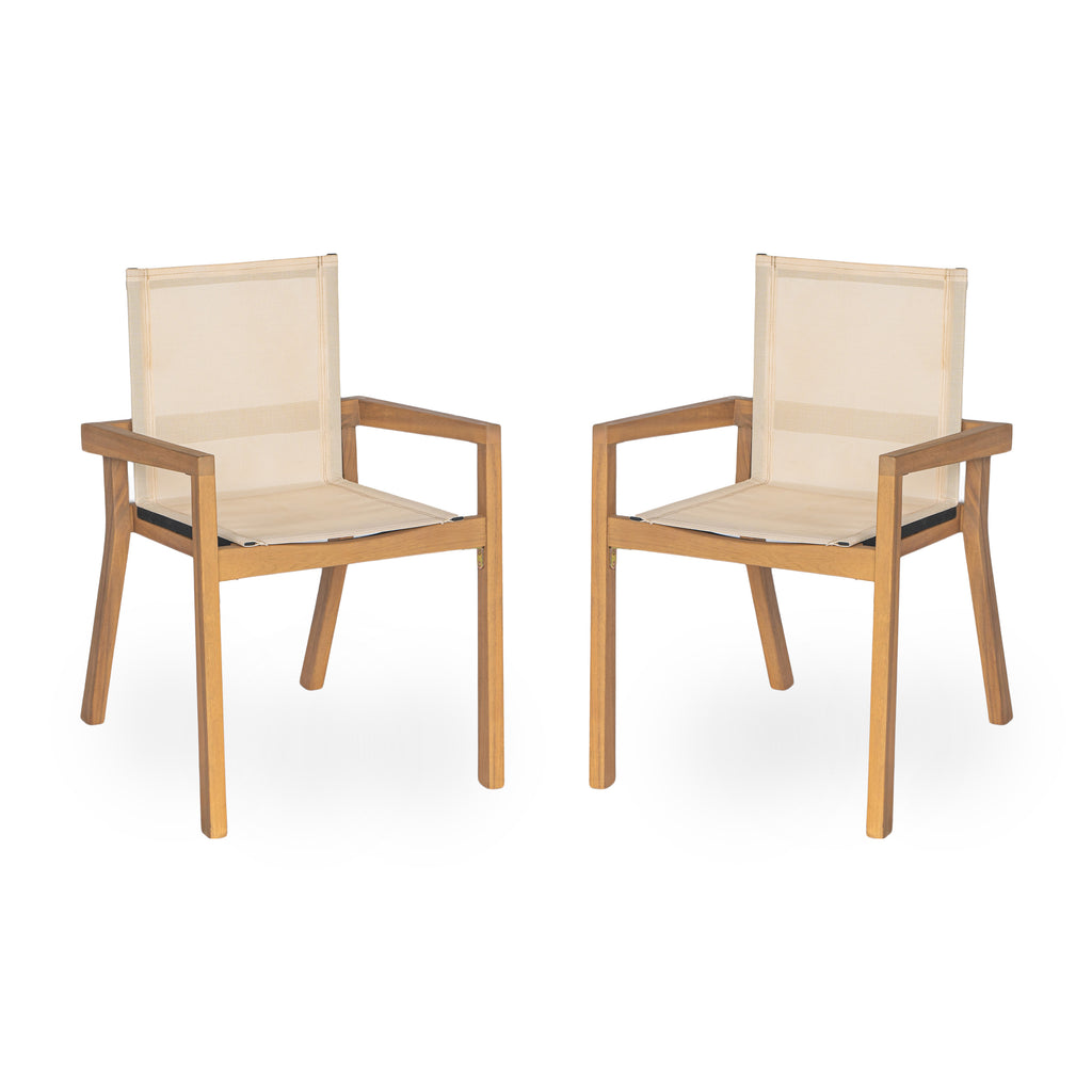 Teak Finish Outdoor Dining Chairs Set of 2 Wood Frame Patio Chairs with Textile