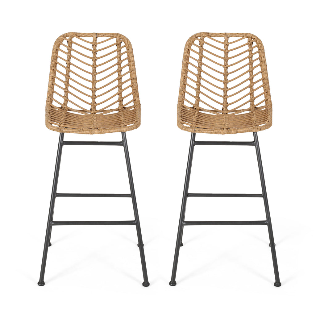 Sawtelle Outdoor Wicker Barstools Set of 2 – Rattan Patio Bar Stools with Black Metal Frame