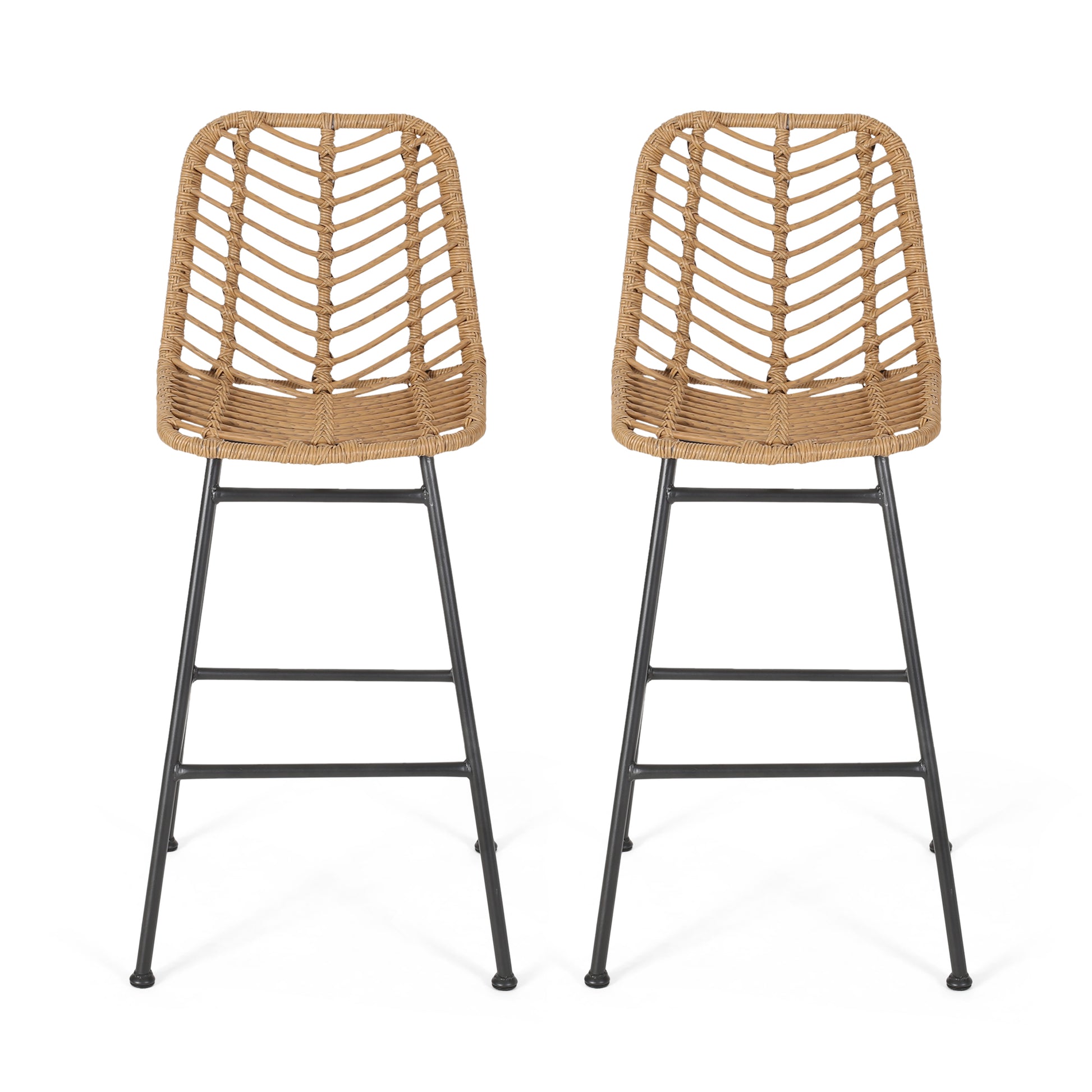 Sawtelle Outdoor Wicker Barstools Set of 2 – Rattan Patio Bar Stools with Black Metal Frame
