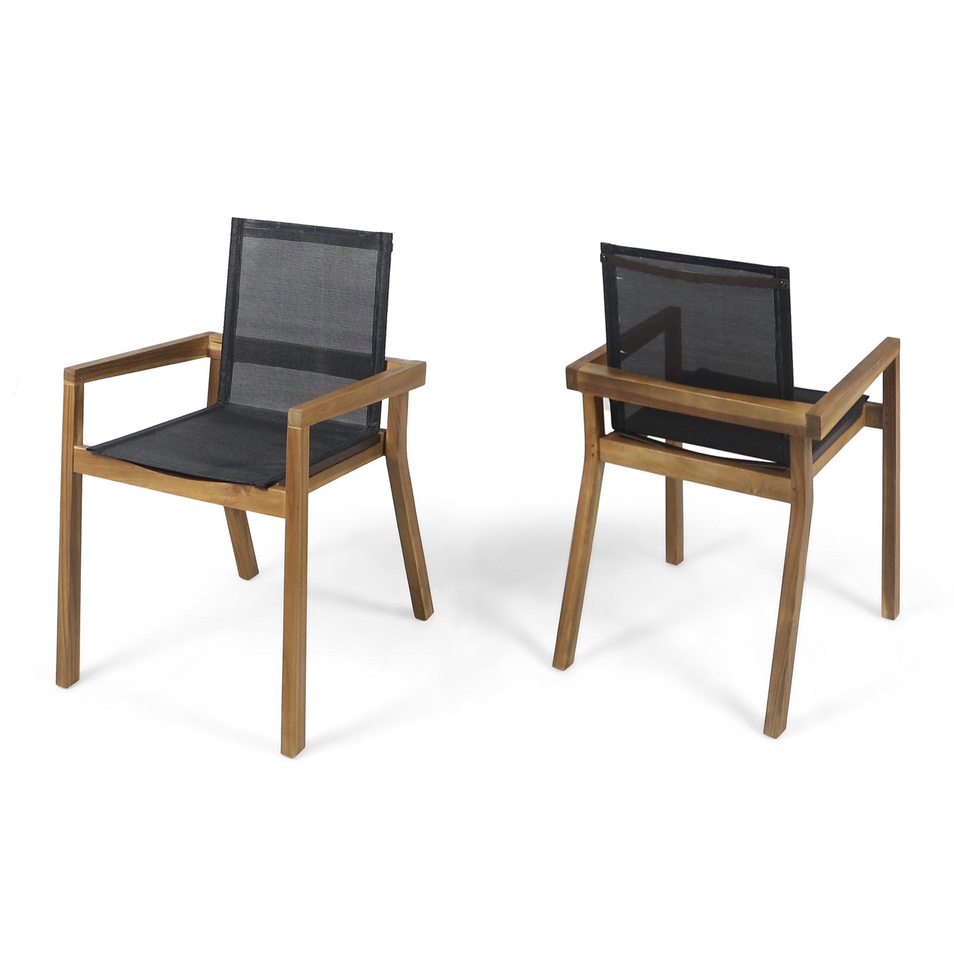 Acacia Wood Outdoor Dining Chairs with Breathable Mesh Seat & Teak Finish (Set of 2)