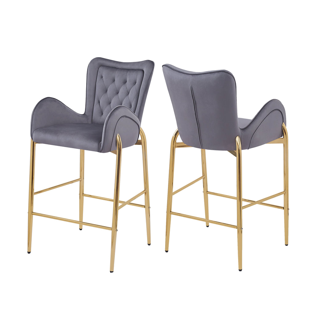 Counter Height Bar Stools Set of 2 Velvet Upholstered Stools with Golden Legs