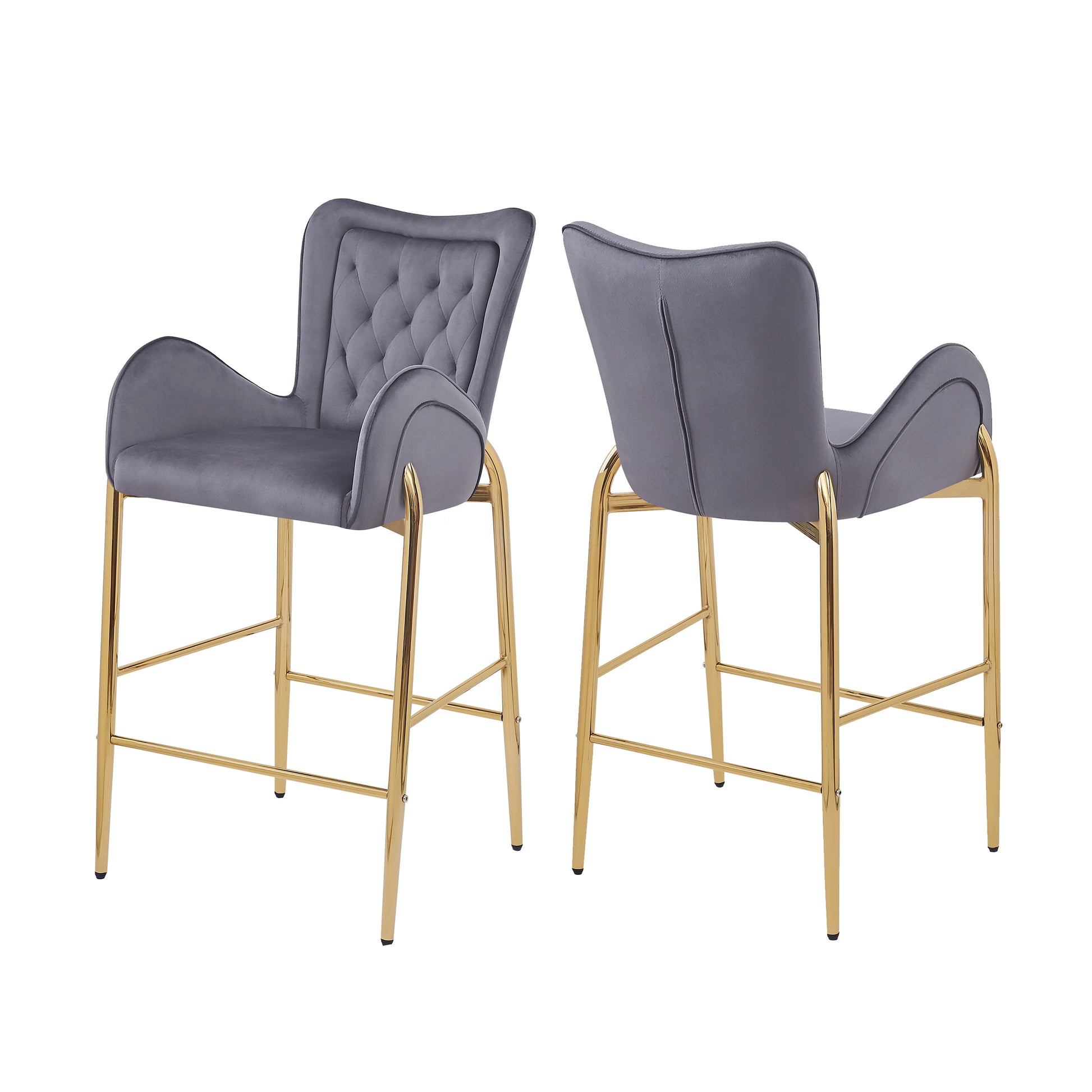 Counter Height Bar Stools Set of 2 Velvet Upholstered Stools with Golden Legs