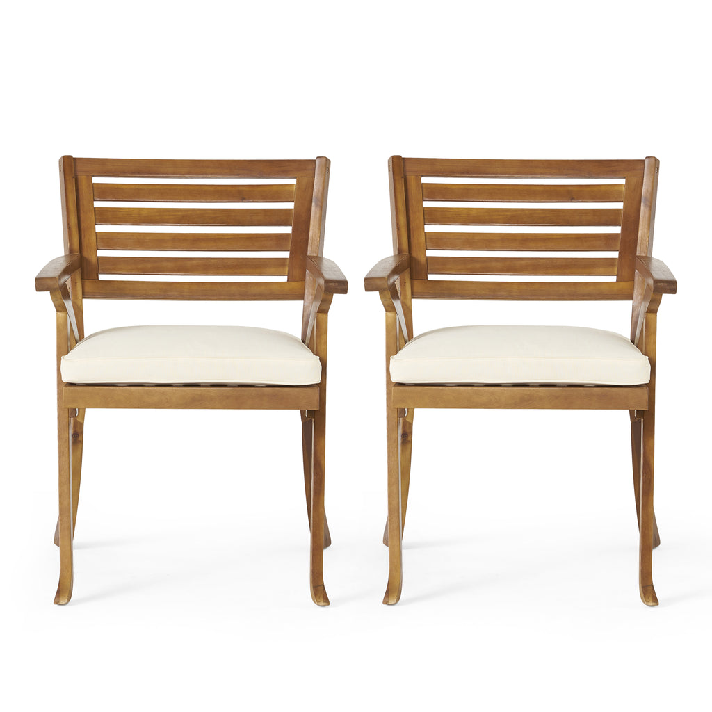 2-Piece Outdoor Wood Dining Chair Set with Cream Cushions, KD Frame