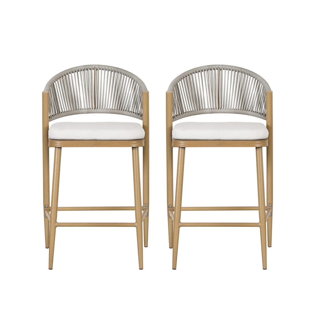 26" Outdoor Counter Stools Set of 2, Aluminum PE Rattan Backrest, Maple Finish Patio Bar Stools