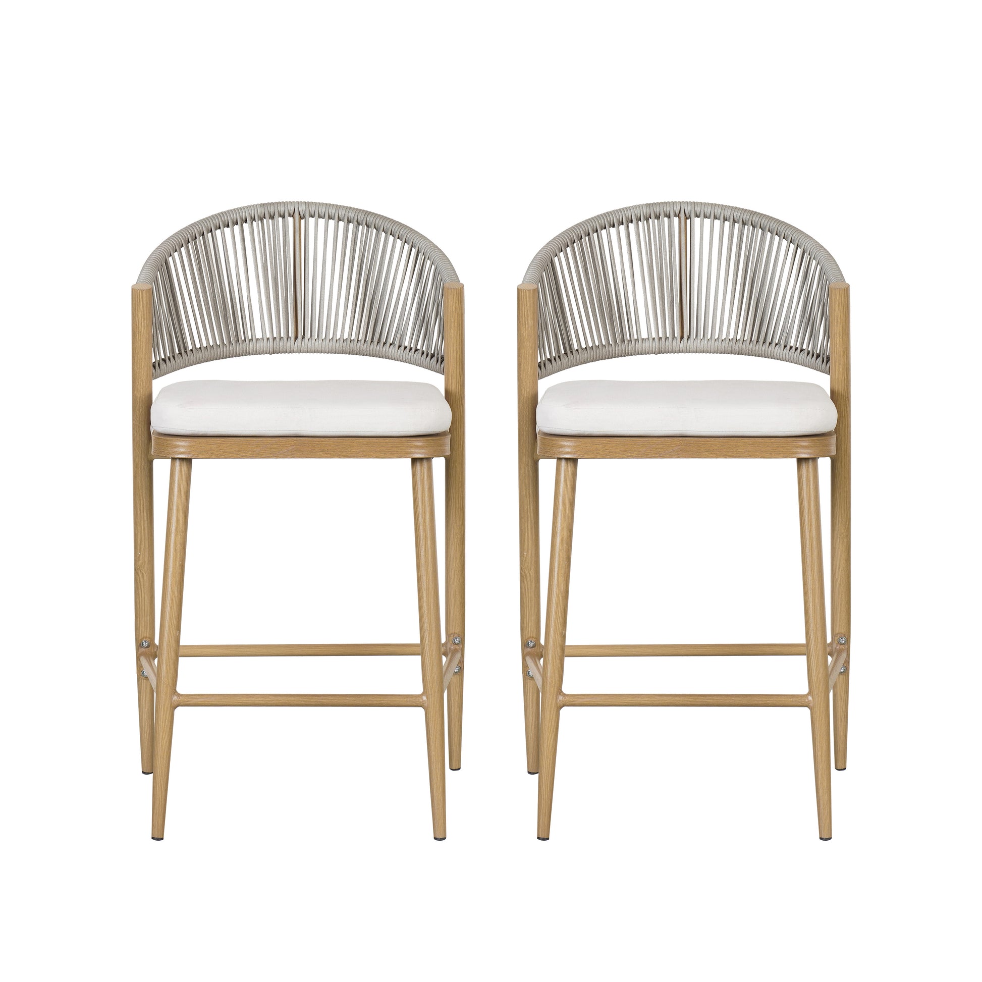 26" Outdoor Counter Stools Set of 2, Aluminum PE Rattan Backrest, Maple Finish Patio Bar Stools