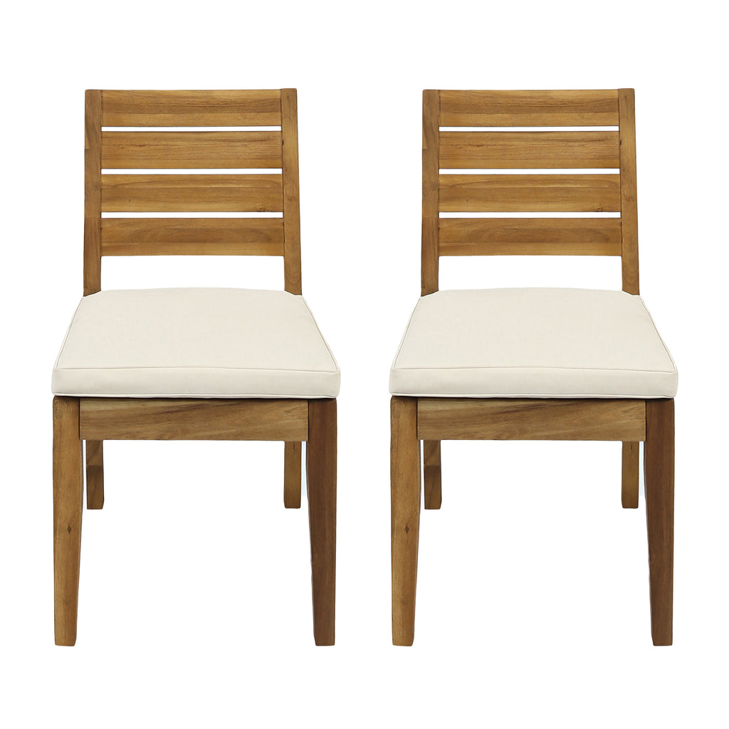 2-Pack Natural Wood Outdoor Armless Dining Chairs with Beige Cushions Patio Seating for Backyard