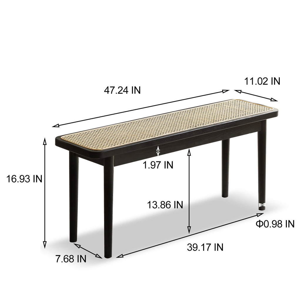 47.24" Solid Wood Dining Bench with Rattan Accent Entryway Seat
