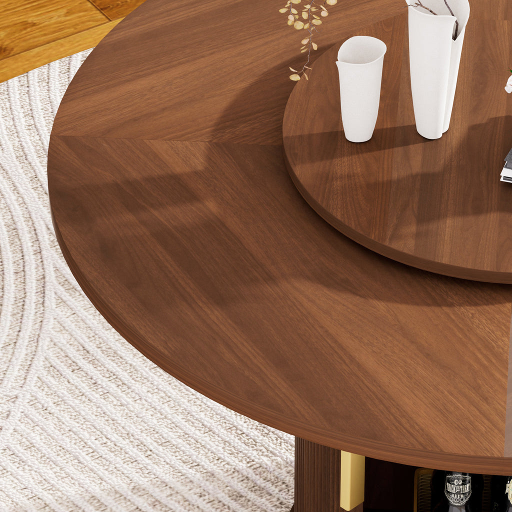 Round Dining Table with Rotating Tray, Double-Tier Storage Rack with Wavy Striped Sliding Doors