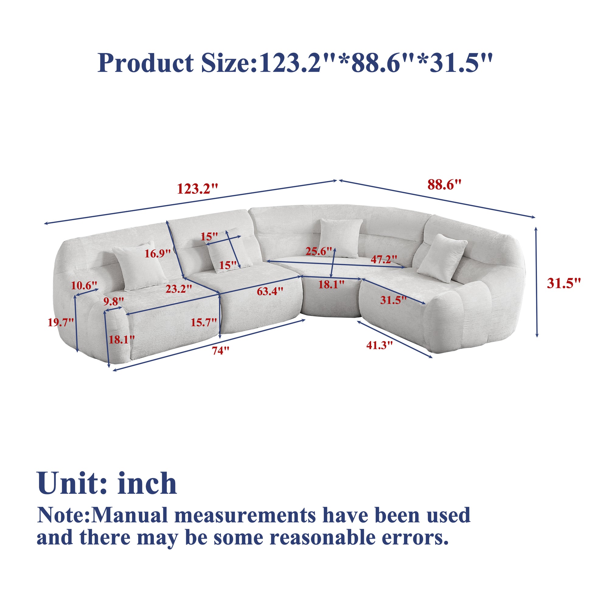 Curved Corner Sectional Sofa, Chenille Modular Cloud Sofa, High-Back 4-Seater Couch, No Assembly