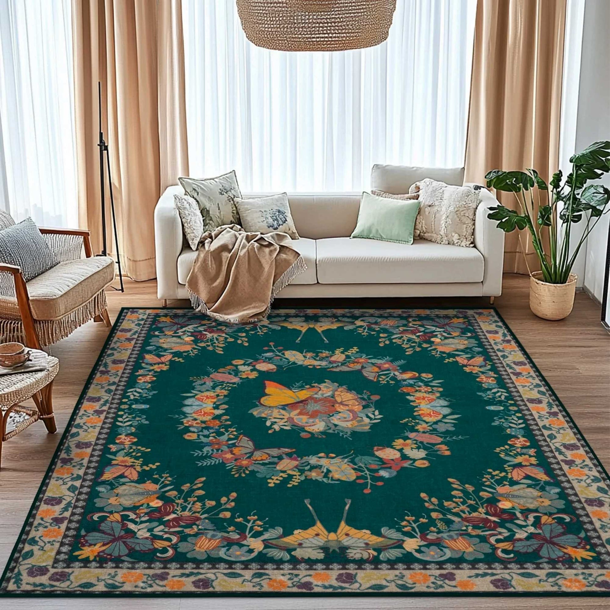 Large Beige Butterfly Floral Area Rug, Ultra-Thin Non-Slip Washable Mat for Living Room & Bedroom