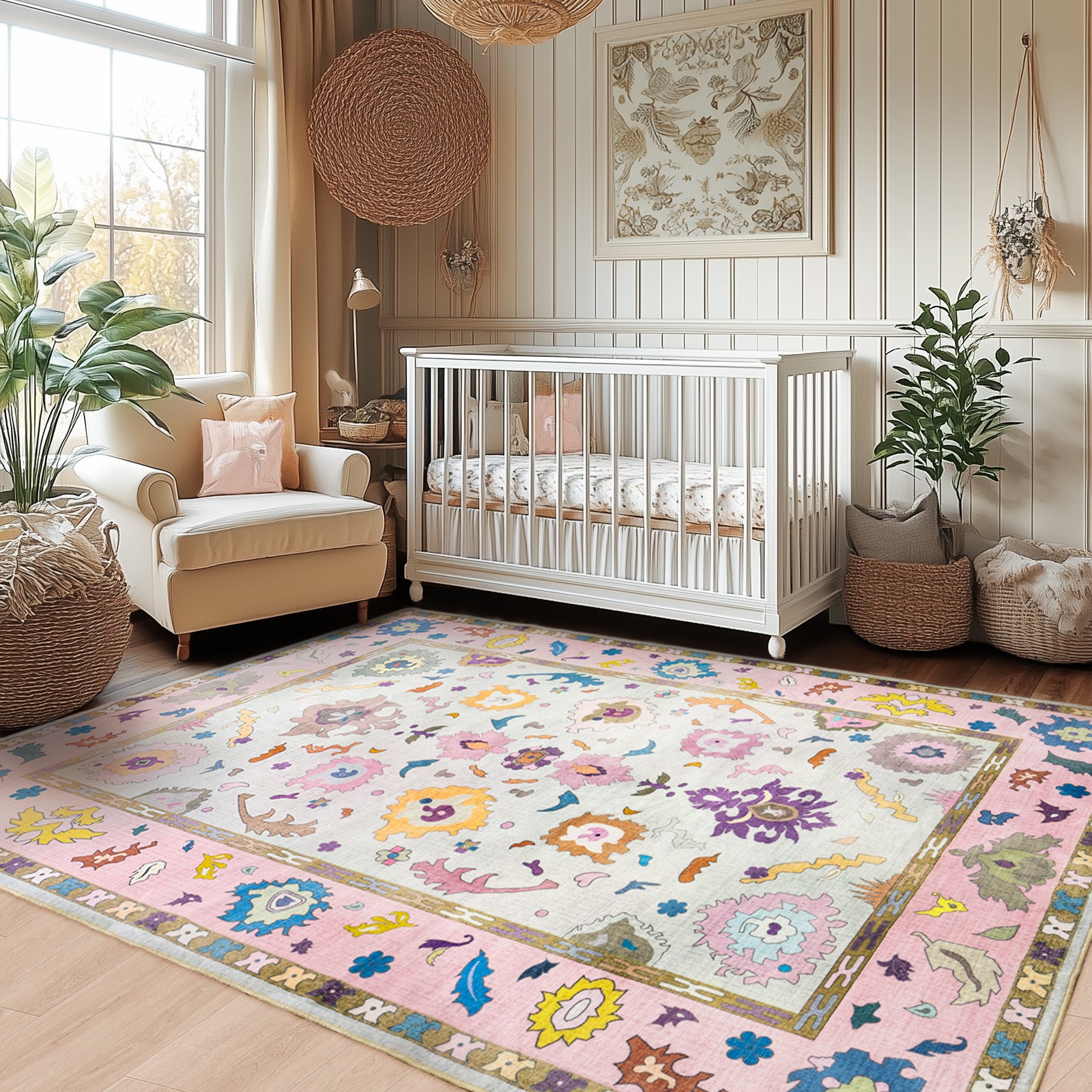 Modern Oushak Area Rug for Bedroom, Soft Washable Non-Slip Carpet, Low Pile Area Rugs for Living Room Dorm Nursery