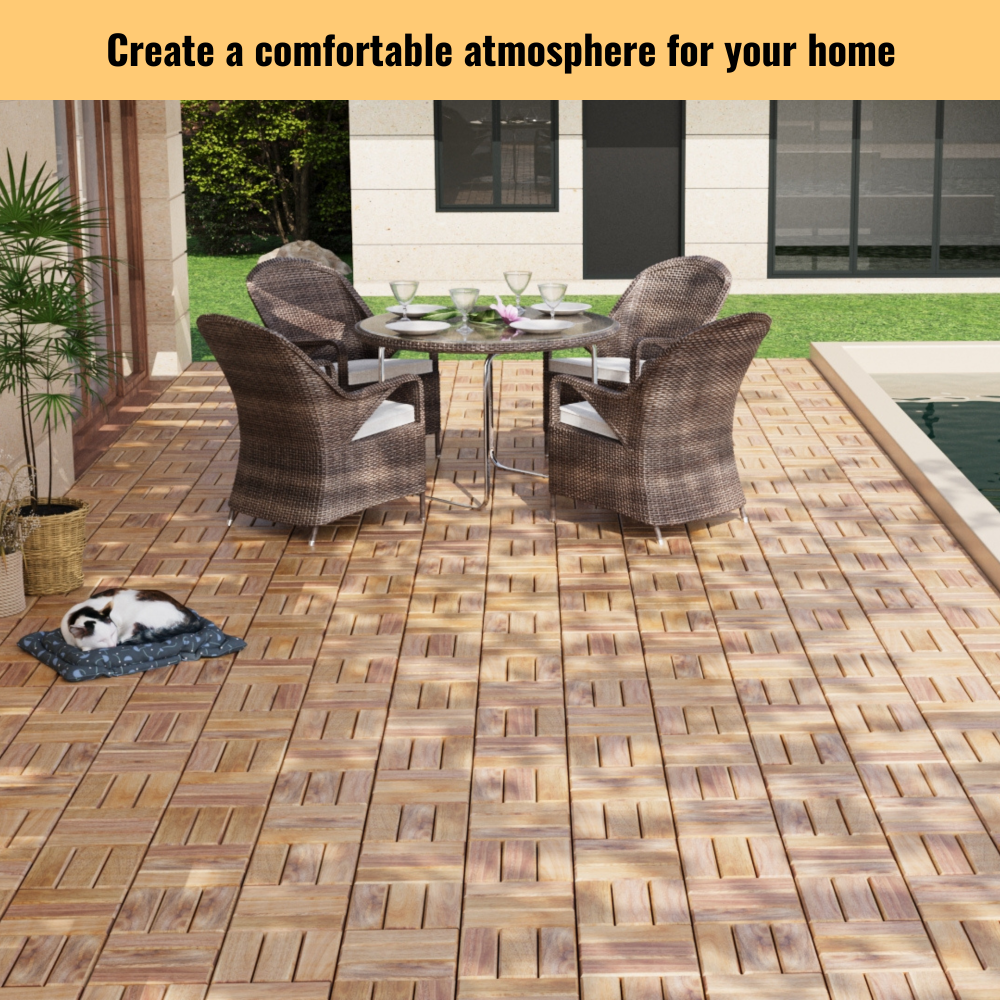Chic Crate 10Pcs 12'' Yellow Acacia Hardwood Interlocking Deck Tiles – Checkerboard Pattern