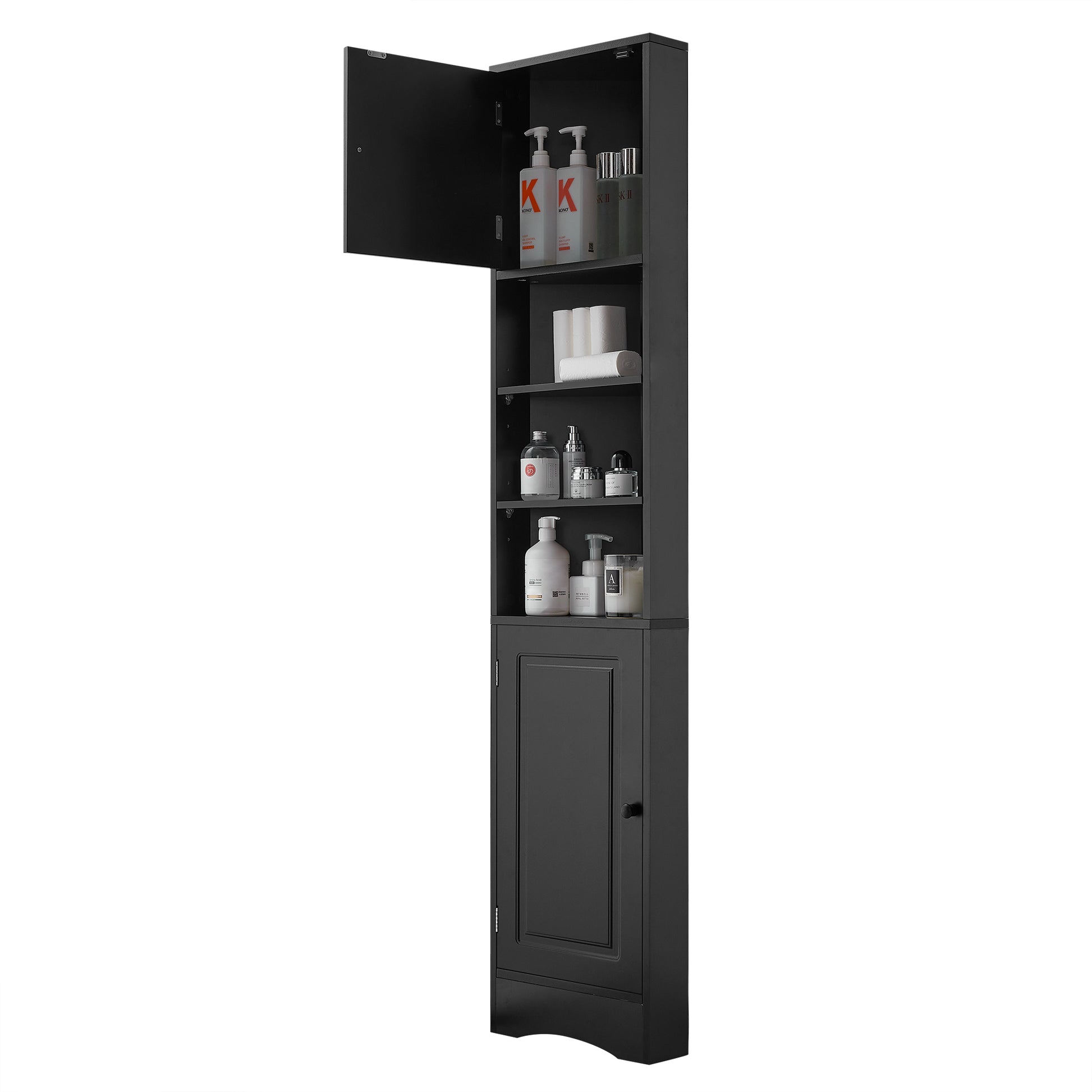 Multi-Functional Corner Cabinet Tall Bathroom Storage Cabinet with Two Doors and Adjustable Shelves, Open Shelf, Black