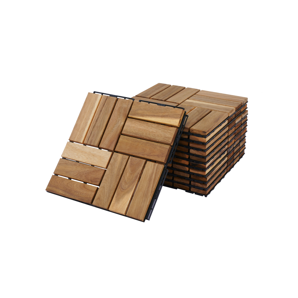 Chic Crate 10Pcs 12'' Yellow Acacia Hardwood Interlocking Deck Tiles – Checkerboard Pattern