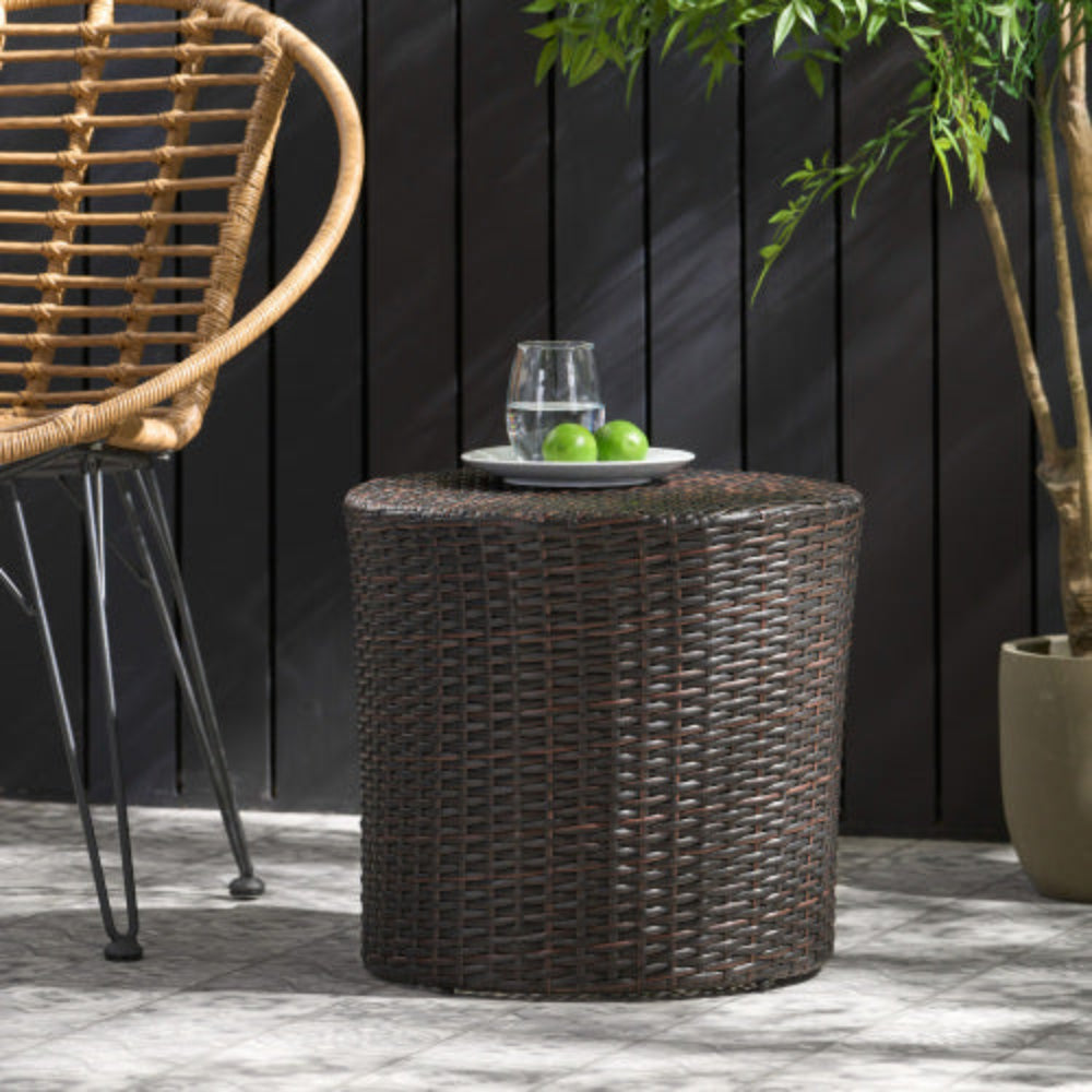 Barrel Side Table, Outdoor Wicker End Table, Durable Woven Design, No Assembly, Perfect for Patio & Home Decor
