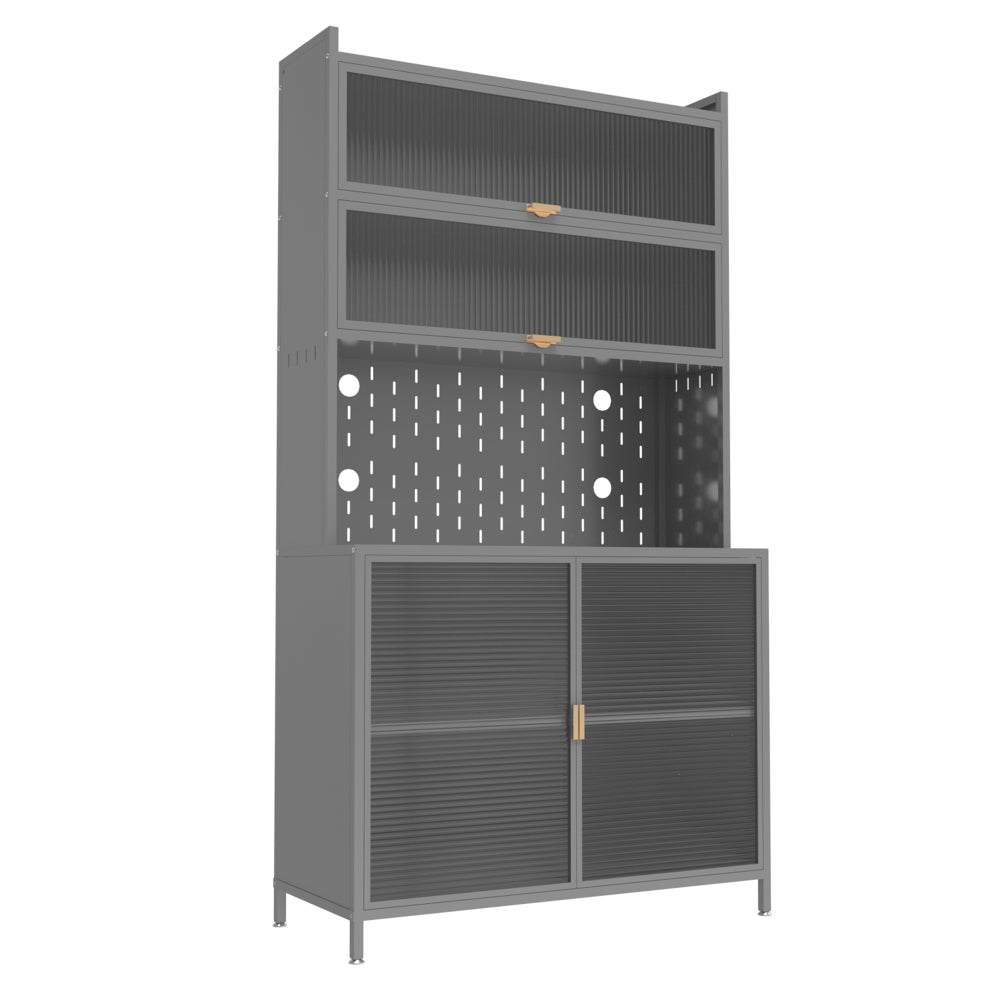 Chic Crate 73'' Tall 6-Level Flip-Door Pegboard Metal Pantry Cabinet(Grey) – Anti-Tip Hutch for Kitchen/Dining/Living Room