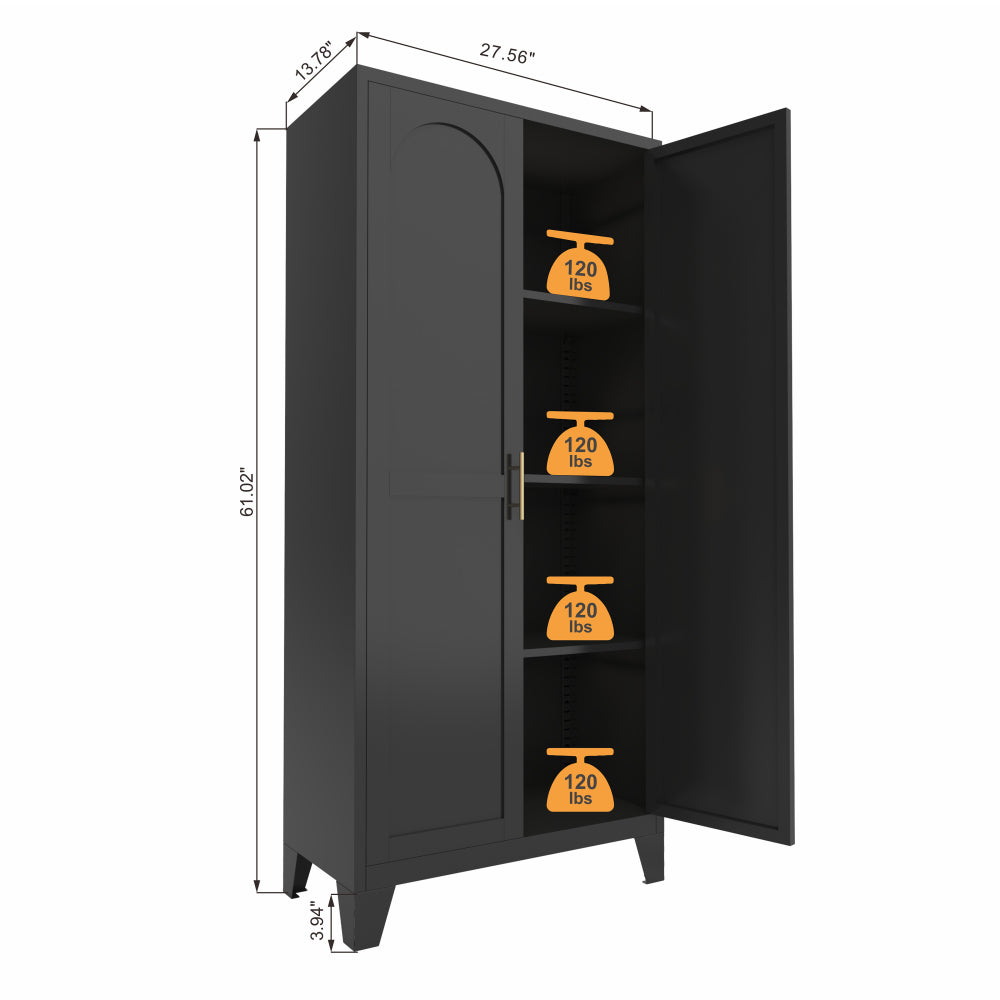 Chic Crate 61'' 2 Shapely-Door Metal Cabinet – Lockable, Adjustable Shelves for Kitchen/Bedroom/Living Room (Black)