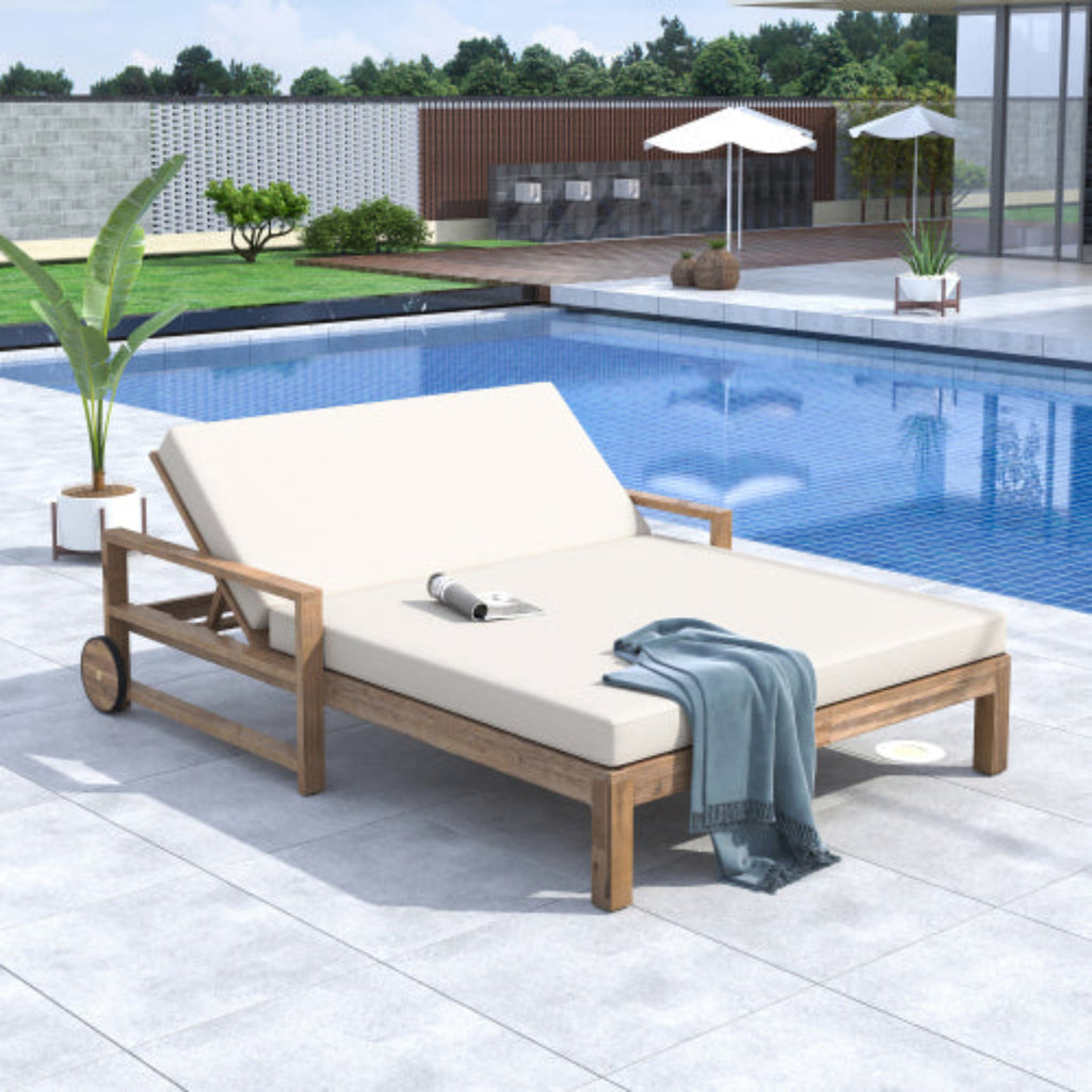 Farmhouse Wooden Outdoor Sunbed Daybed Seating 2 People for Poolside Garden and Yard