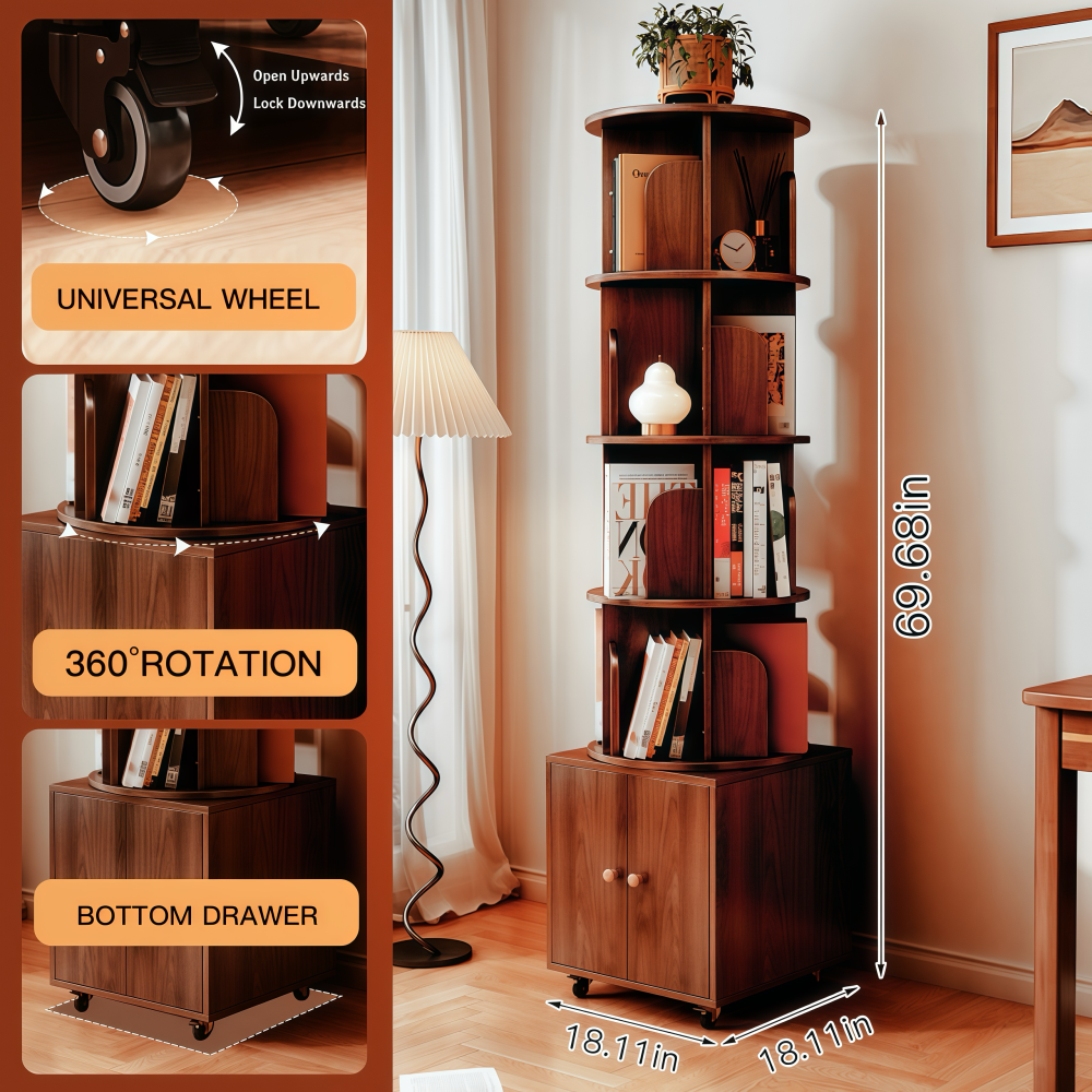 Chic Crate 360° Rotating 5-Tier Corner Bookshelf with Drawer, Narrow Floor Bookcase for Small Spaces