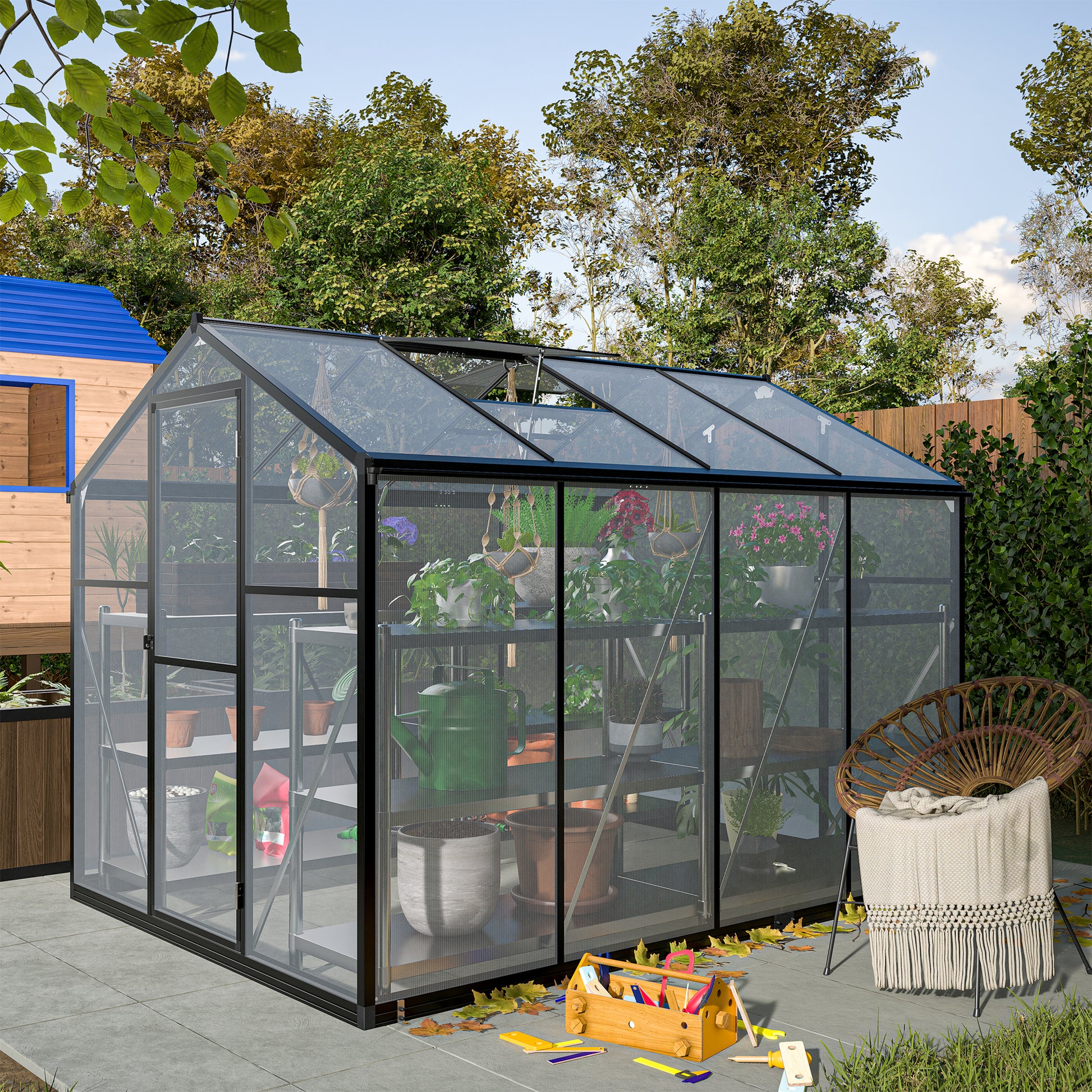 Outdoor Polycarbonate Greenhouse with Roof Vent, Quick-Setup Aluminum Walk-in for Garden Backyard
