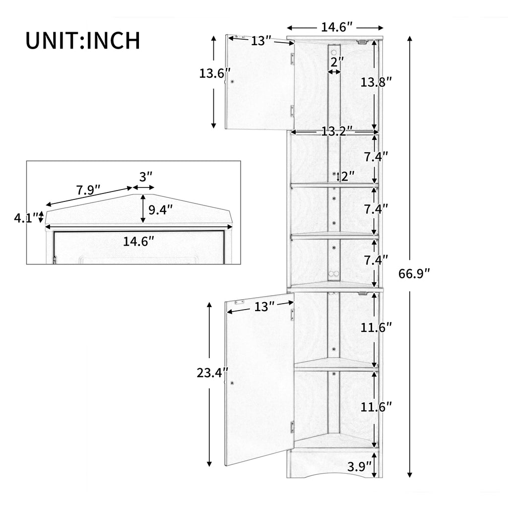 Multi-Functional Corner Cabinet Tall Bathroom Storage Cabinet with Two Doors and Adjustable Shelves, Open Shelf, Black